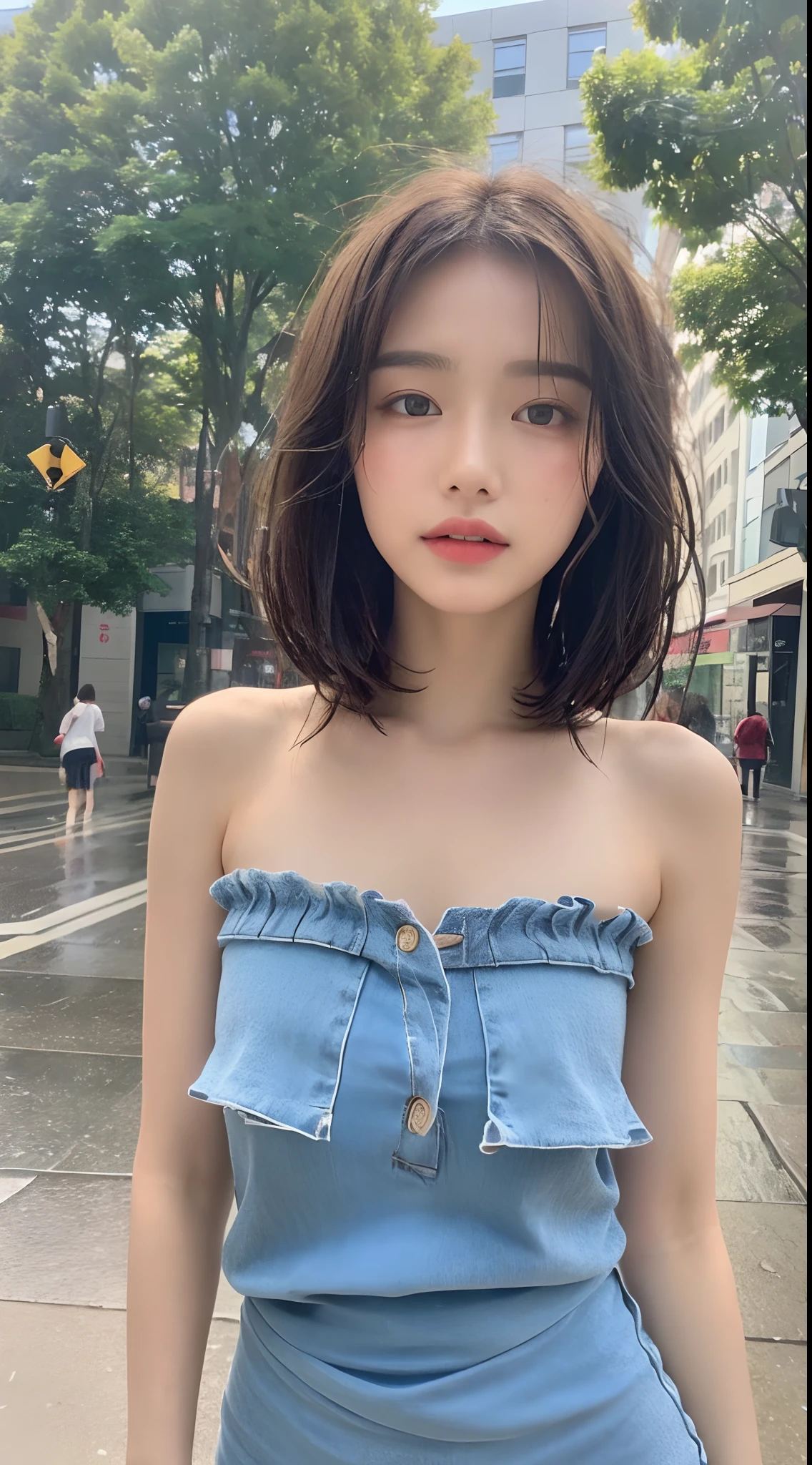 ((the highest quality、8K、A masterpie:1.3))、focus:1.2、Perfect Body Beauty:1.4、ass:1.2、((Layered haircut、s chest:1.2))、(wet clothing:1.1)、(wet rainy、street:1.3)、Bando Dress:1.1、highly detailed facial and skin textures、delicated eyes、Double eyelidd、Whitened skin、hair long、topless,