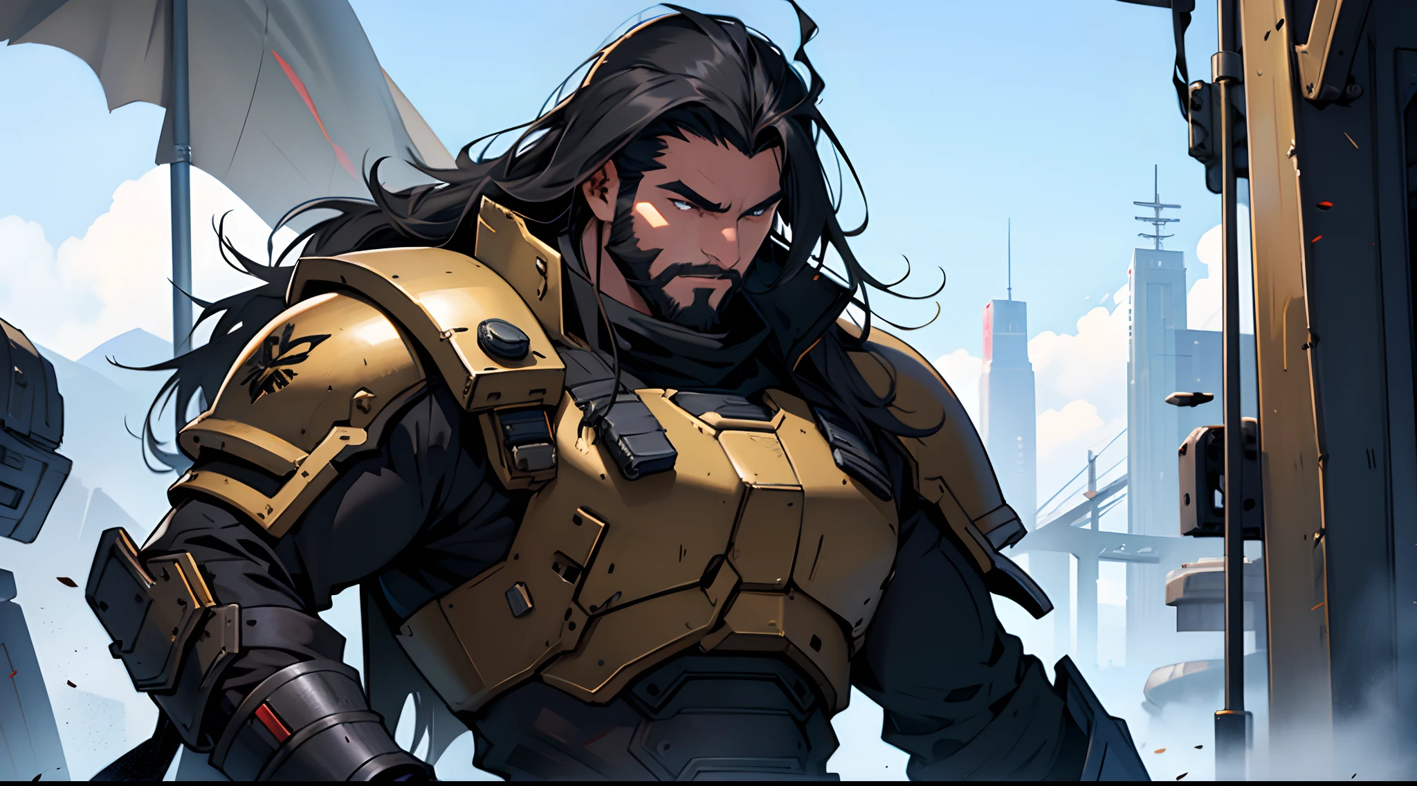 1 Man solo, he has a short black beard and he has long black flowing hair. he is Wearing futuristic armor with a cape. (Helldivers)