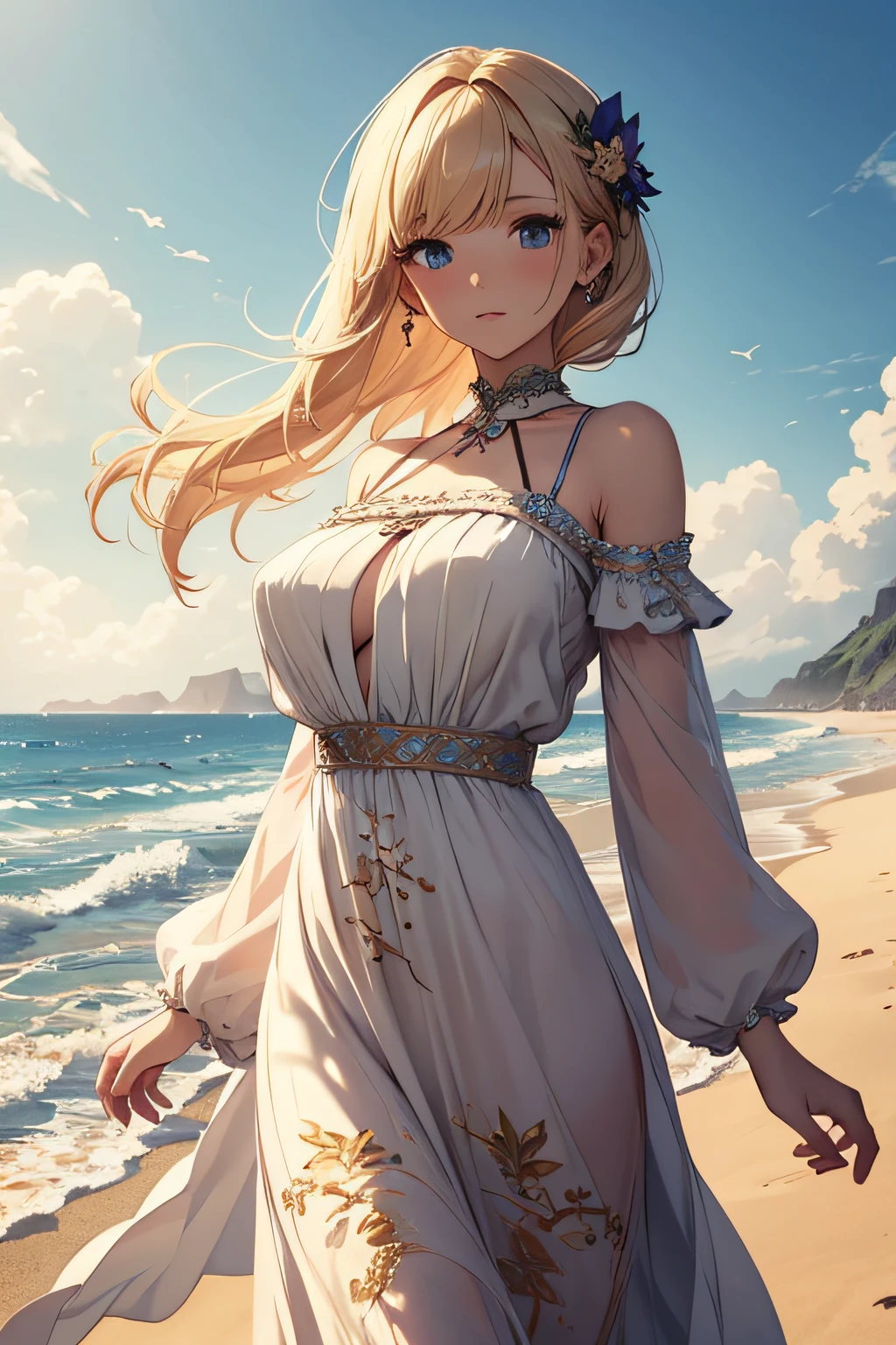 masterpiece、Massive landscape((Mysterious Sea、sand beach))、a beauty girl、huge tit、Blonde Shorthair、Embroidery on a long dress
、hair adornments