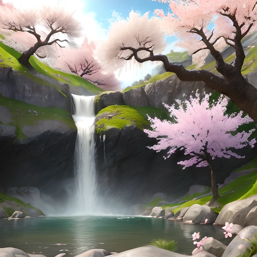 Waterfall rocks cherry blossom weeping willow tree