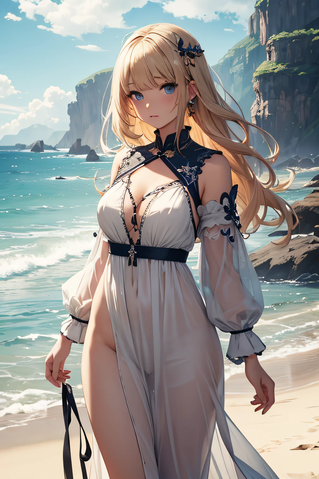 masterpiece、Massive landscape((Mysterious Sea、sand beach))、a beauty girl、huge tit、Blonde Shorthair、Embroidery on a long dress
、hair adornments