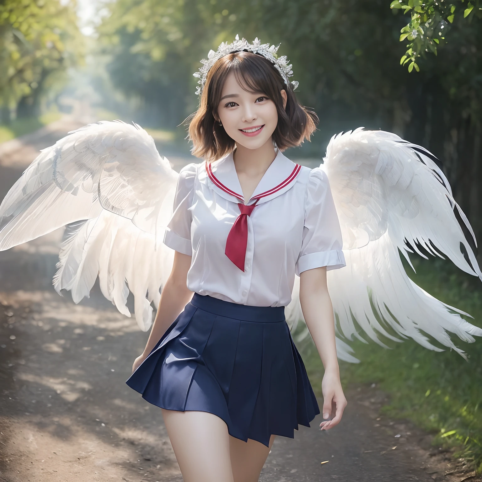 (((masutepiece、top-quality)))、(((((1 schoolgirl、White Uniform Shirt、It features a simple, Standard White Shirt、Red ribbon on chest、There is a red ribbon on the chest、Wearing a dark blue skirt、Navy skirt、Plain navy skirt、The navy skirt is plain、high-school uniform)))))、((Huge and realistic angel wings,The most detailed and intricate angel wings、Shimmering white feathers、facing front、Turn your body towards us、Facing the front、Plumage gives off a transparent shine、The feathers shine like a fairy tale、spectacular movie lighting、((The background is the route to school、Walking along the school route surrounded by nature、Walking on the way to school))、8K,An ultra-high picture quality,The face of the most beautiful actress,Mature female face、The biggest smile staring at the camera、Smiling at the camera、美丽的面容、Beautiful teeth、natural make up、long、straight haired、The feathers located on the back are、、、It shines like a translucent fairy tale))、A slender、bulky, Complex wings、short-hair、shorth hair、Majestic angel wings、bulky, large wings、Perfect Angel Wings