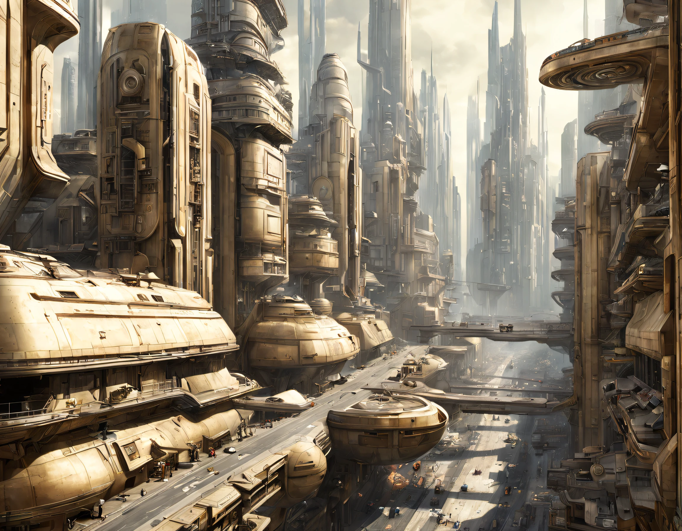 The city of Coruscant from Star Wars as designed by Doug Chiang, futuristic fantasy city with immense buildings of technological design (que forman una avenida infinita), edificios compactor no difuminados, con estructuras acristaladas en plata, oro y bronce espectaculares, (con colores vivos). pavimento ensolado (sin brillo). gente paseando. imagen bien definida con muchos edificios juntos. imagen nitida bien definida 8k. los edificios llegan alta el fondo.,8k. imagen cinematografica. iluminacion hora dorada. calidad superior. (obra maestra).