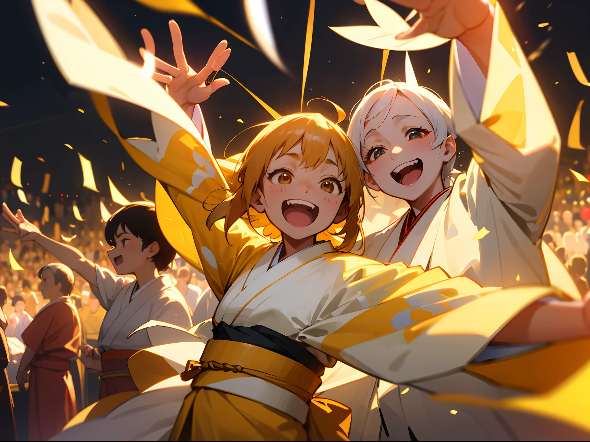 A group of enthusiastic fans gather, They are happily laughing and dancing、 Some people have a lot of wrinkles on their faces、best quality 8K、Ancient Japan、All of them are wearing yellowed white kimonos、At the night festivities、Fan face illuminated by lights