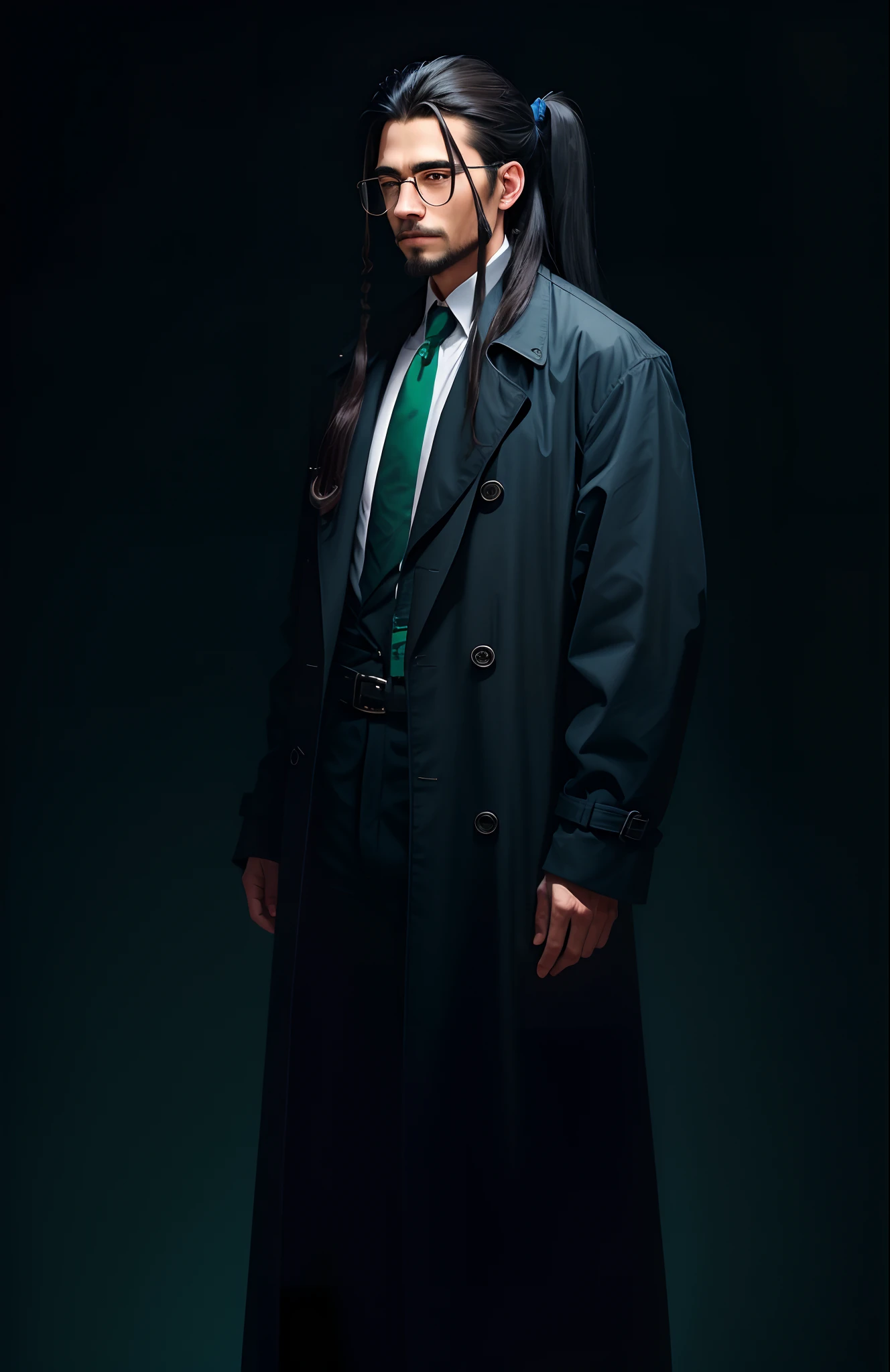 1man, Longhair, Hairstyle with a ponytail, black hair with blue lines, glasses, Green trench coat
