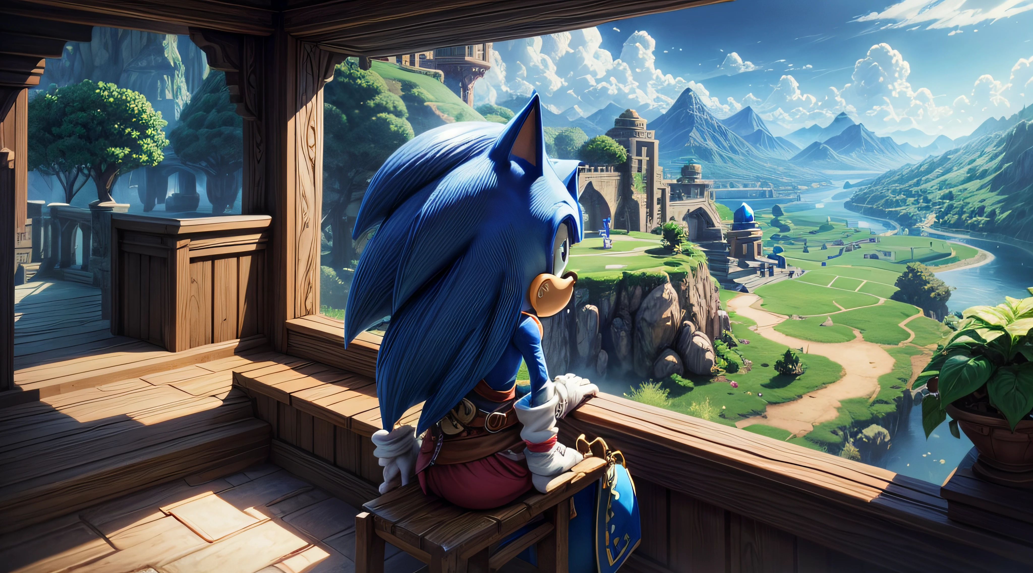 Sonic the blue hedgehog meet The Legend of Zelda : A Link Between Worlds : Nintendo 3DS. high resolution, ultra-detailed, Zelda-style landscape, beautiful rendering.