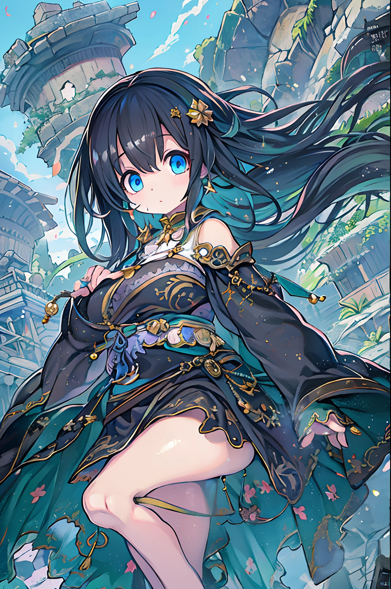 Best Quality, masutepiece, Black hair, Blue eyes, Looking Up, Upper body