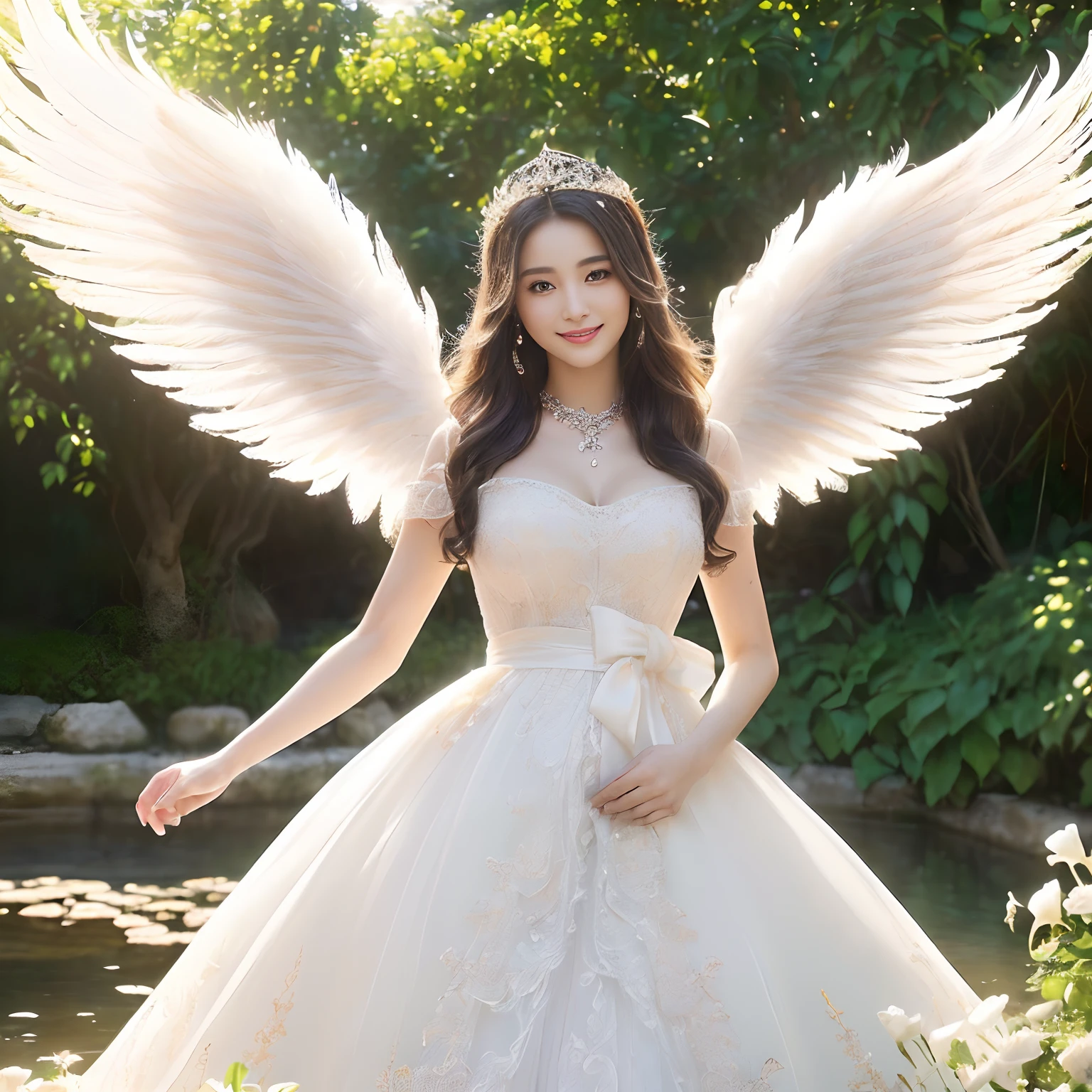 (((masutepiece、top-quality、Highly complex and detailed depictions)))、((Very beautiful angel queen、Maternal smile,mothers,Smile、Pregnancy、Dresses that tighten the waist、The biggest smile staring at the camera、Perfect gas chamber、Take a closer look at me、Perfect 2 Wing、white roses、A large amount of white roses、Beautiful white roses、The most beautiful gardens in the world、The most complex and fantastic gardens in the world、Beautiful smile,、A detailed face、Perfectly depict the face、Walk along the cobblestones、Walking in the garden、Crystal clear and beautiful water、Hair swaying in the wind、Take photos up close、Take photos from the waist up、Final Form as Perfect Angel, ,Huge and realistic angel wings,The most dignified feathers,The most detailed and intricate angel wings、King of Angels,The most dignified angel,Plumage gives off a transparent shine、Graceful and classy pose、Fairytale Garden、Garden with white flowers、Walking in the garden、Flowers, Fountains and cobblestone gardens、Walking in the garden、Beautiful cobblestones、white blossoms,、Beautiful temple gardens、There is a spring surrounded by cobblestones、Sacred Well、crystal-clear water、It is full of white flowers、white blossoms、Her feathers shine like a fairy tale、、Beautiful temple gardens、Fairytale Garden、Walking in the garden、Angels bathed in the sacred soft light、spectacular movie lighting、The most classy white dresses、Very noble、refinement、top grade、The most massive pure white princess dress, The finest necklaces,artistic décor,Intricate and solemn dress of an angelic masterpiece,White decorative dress,Huge Princess Dresses,The most majestic figure of the angel,The most intricately depicted angelic figures,The plumage gives off a translucent fairytale glow、Unimaginable beauty,The most intricate and beautiful dresses,Accurate reproduction of the perfect angelic detail,The figure of an unimaginably beautiful angel)),((Most beautiful face,Half Japan and half Spanish,Maternal tenderness、Maternal smile,Beautiful wavy hair,The most luxurious and intricate dresses,stares at the camera、Giant wings of angels,masutepiece,8K,very intricate,ultra-detailliert))