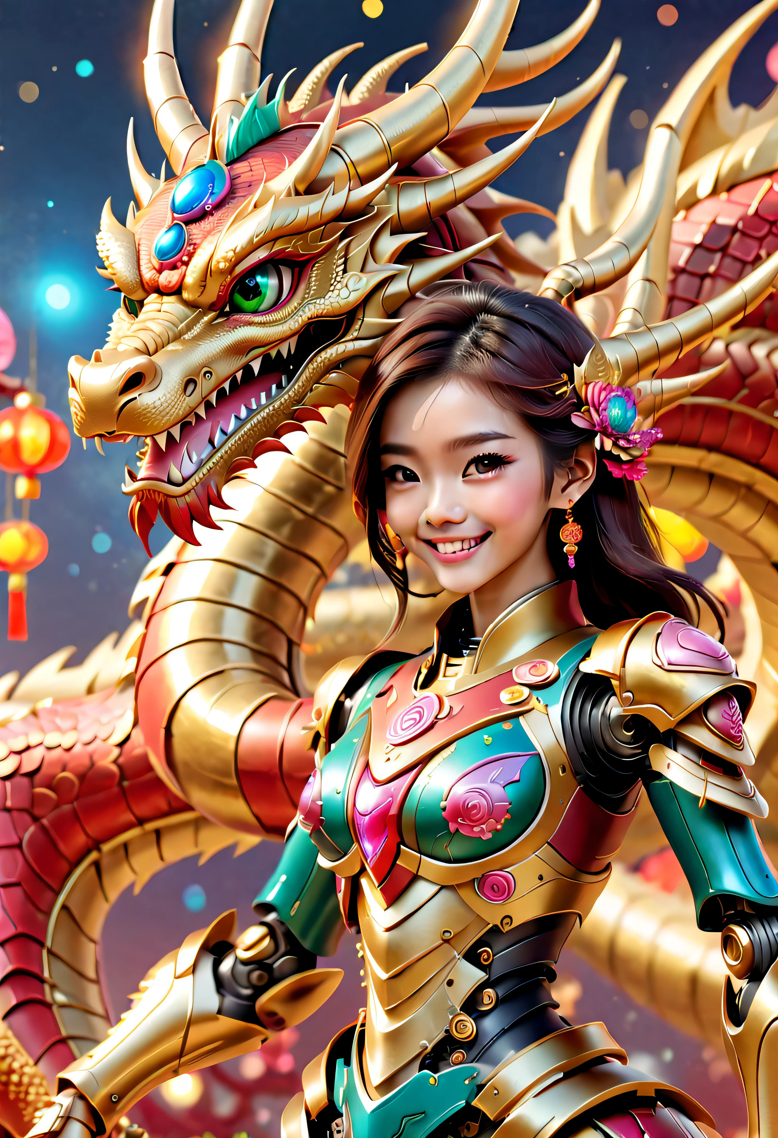 （（tmasterpiece，best qualtiy）），Beautiful 8K Ultra HD professional photos, Sharp focus, In a stunning fantasy world, Cute chinese , smile , happy face ,dragon is in gold color.girl and large mechanical cute dragon robot structure，depth of fields，Magnificent space image scene，Chinese new year background , no sexy