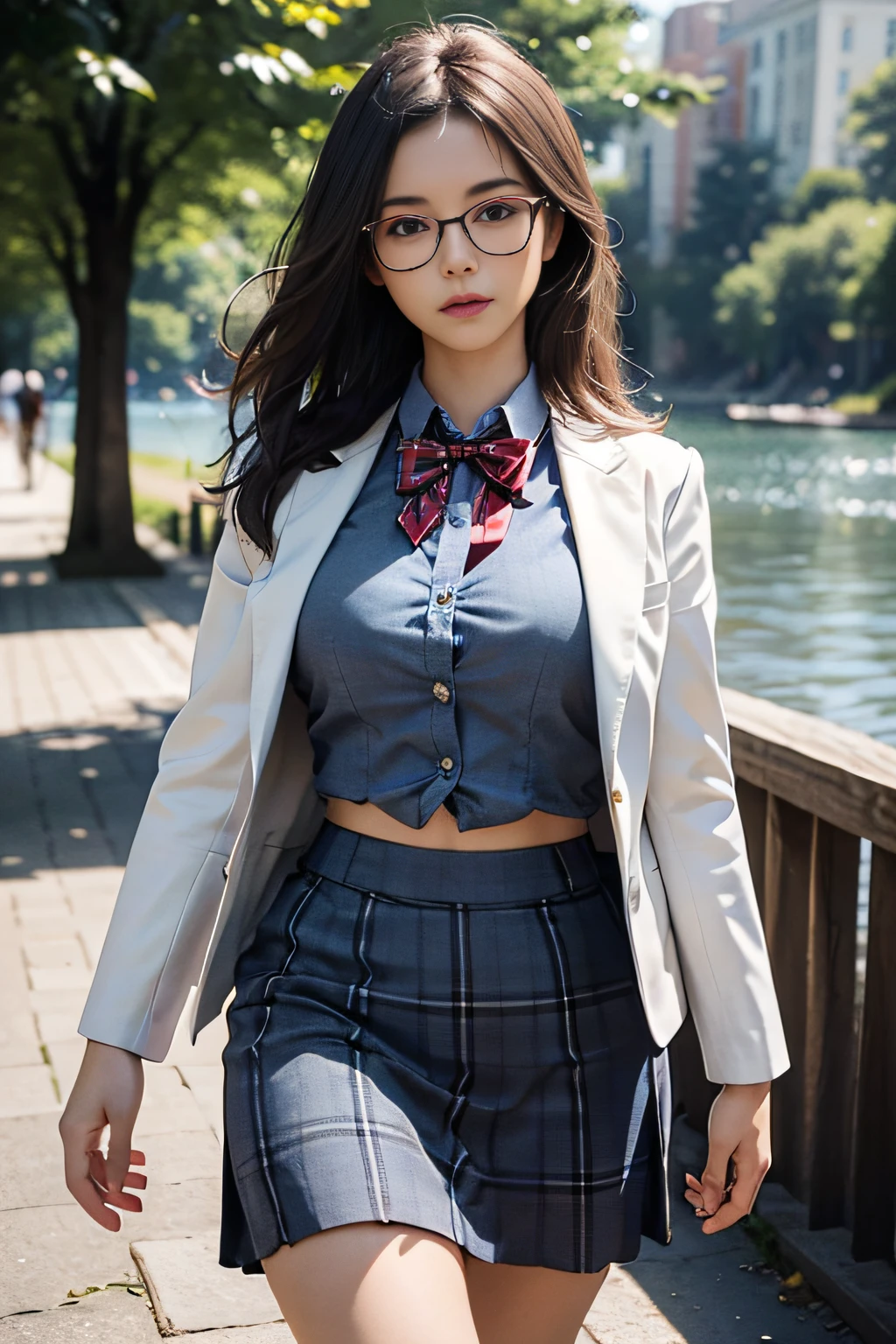 Top quality work，Photorealistic works，Ultra Premium Graphics，8K HD CG works，High-quality graphics，High-definition fine CG works，10x pixel，Ultra-fine details：1.1，Advanced technical details：1.1Photographically realistic((High school girl walking in a park by the lake))、((White blazer in uniform))、((Translucent white blouse、red bowtie、Dark blue checked skirt)). 40k, Photography, masutepiece, Best Quality, dark grey background, ((1 Gorgeous bright-haired girl with beautiful eyes, She wears glasses on her beautiful face, )). White skin, Poses variadas.((breasts of medium size,:1.1)), Best Quality, masutepiece, Ultra high definition, (Photorealistic:1.4), Raw photo, (perfect body type), (slim:1.3), Slim abdomen, Perfect slim figure, dynamicposes, (((Full-figured :0.9))), Solo, Cold Light 12000K, Highly detailed facial and skin texture, Detailed eyes, Realistic eyes, Beautiful detailed eyes, (Realistic skin), Attractive, 超A high resolution, A hyper-realistic, Highly detailed,