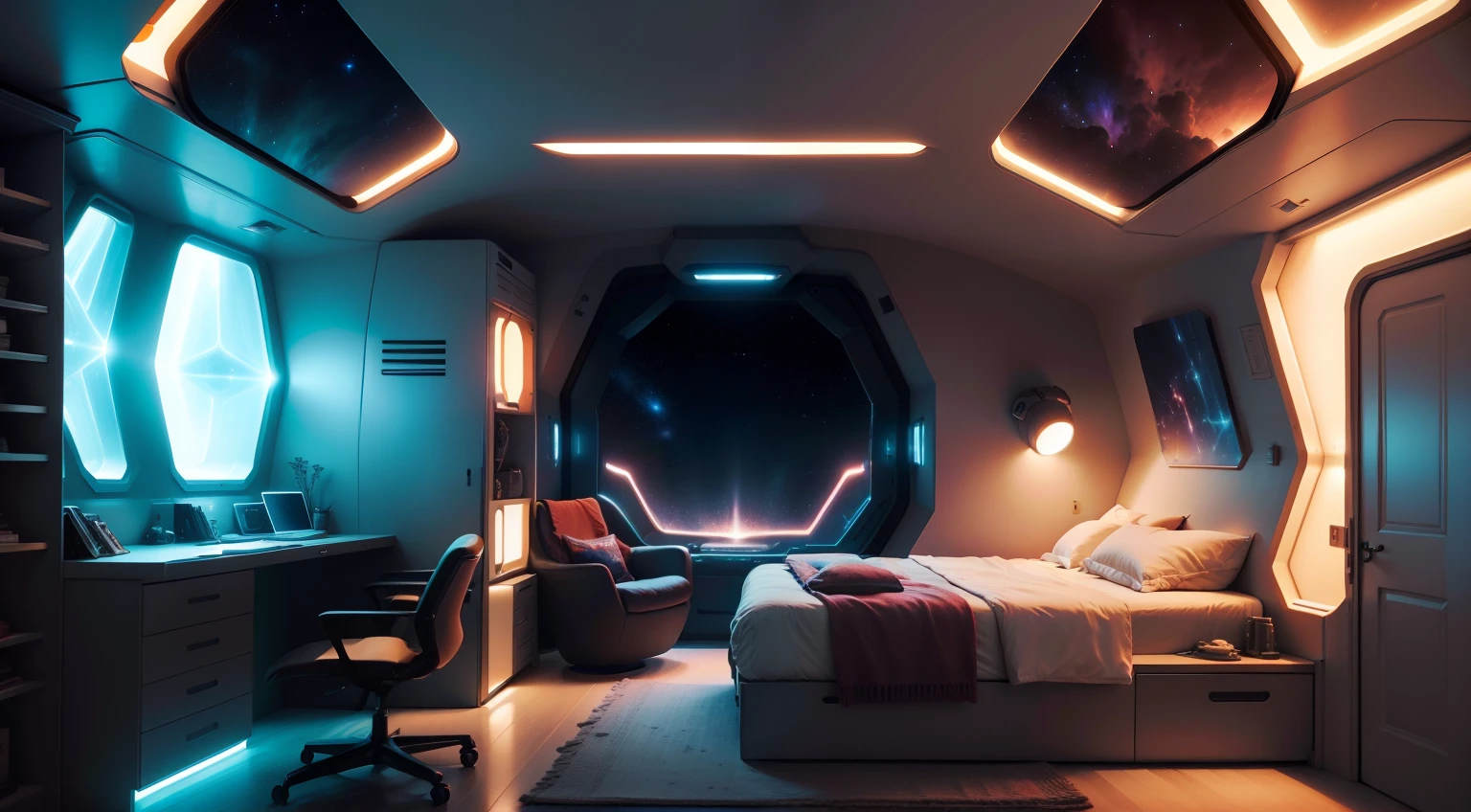 A dimly lit spaceship escape pod bedroom, With a highly detailed sense of comfort and a colorful space theme, Hacking core aesthetics, High-tech enclosed, The door system is visible, Through the portholes,Illuminated by a soft glow from a few scattered stars, High-contrast illumination 24K image resolution.