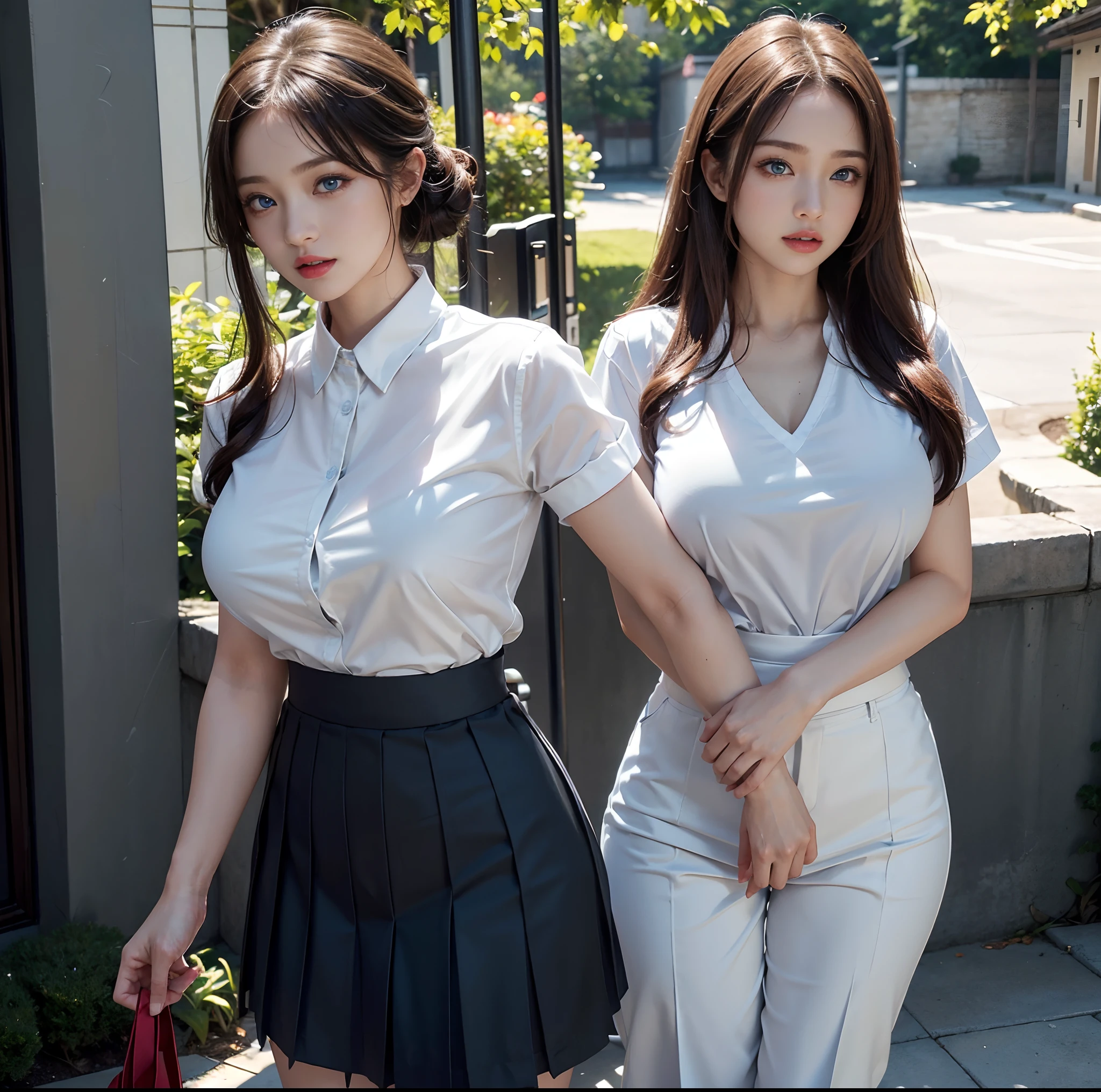 (top-quality, 4K picture quality, masterpiece, Professional lighting without shadows, A hyper-realistic), perfect anatomia, Two girls, ( with perfect body、Colossal breasts with tension:1.2), Bright and even whitening skin without wrinkles and steps, (Reflects a lot of light with bright and beautiful blue eyes with long eyelashes and plump red tear bags:1.2)、 Cute hairstyles, (Schoolgirl uniform gets wet and sticks to the skin, A tight-fitting blouse made of white ultra-thin fabric covers the upper body、Dress up with a super short super mini pleated skirt), (The skirt is too short and the pants are exposed:1.2), (Proudly showing off her taut huge breasts from the front through her blouse:1.2), Another girl on the other side、She is showing off her big ass from right behind, ishiharasatomi