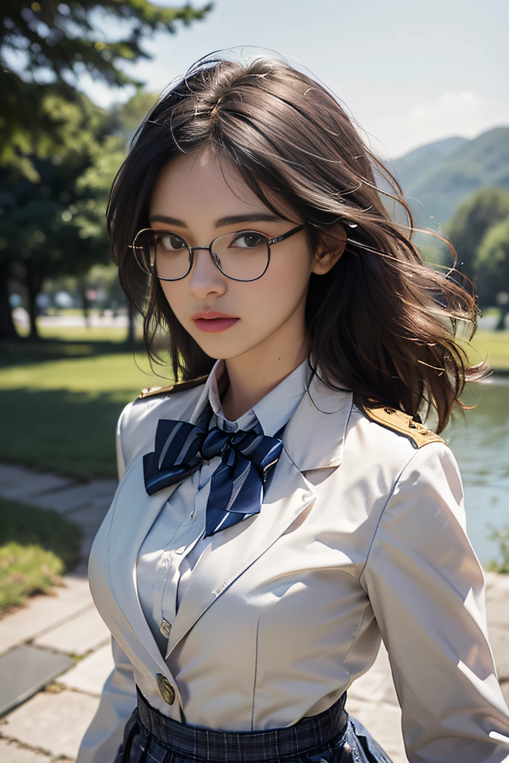 Top quality work,Photorealistic works,Ultra Premium Graphics,8K HD CG works,High-quality graphics,High-definition fine CG works,10x pixel,Ultra-fine details:1.1,Advanced technical details:1.1Photographically realistic((High school girl walking in a park by the lake))、((White blazer in uniform))、((Translucent white blouse、red bowtie、Dark blue checked skirt)). 40k, Photography, masutepiece, Best Quality, dark grey background, ((1 Gorgeous bright-haired girl with beautiful eyes, She wears glasses on her beautiful face, )). White skin, Poses variadas.((breasts of medium size,:1.1)), Best Quality, masutepiece, Ultra high definition, (Photorealistic:1.4), Raw photo, (perfect body type), (slim:1.3), Slim abdomen, Perfect slim figure, dynamicposes, (((Full-figured :0.9))), Solo, Cold Light 12000K, Highly detailed facial and skin texture, Detailed eyes, Realistic eyes, Beautiful detailed eyes, (Realistic skin), Attractive, 超A high resolution, A hyper-realistic, Highly detailed,