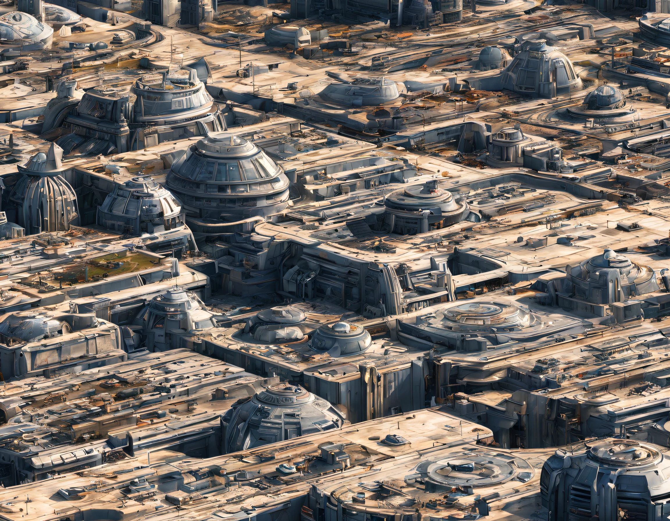 The city of Coruscant from Star Wars as designed by Doug Chiang, futuristic fantasy city with immense buildings of technological design (que forman una avenida infinita), edificios compactor no difuminados, con estructuras acristaladas en plata, oro y bronce espectaculares, (con colores vivos). pavimento ensolado (sin brillo). gente paseando. imagen bien definida con muchos edificios juntos. imagen nitida bien definida 8k. los edificios llegan alta el fondo.,8k. imagen cinematografica. iluminacion hora dorada. calidad superior. (obra maestra).