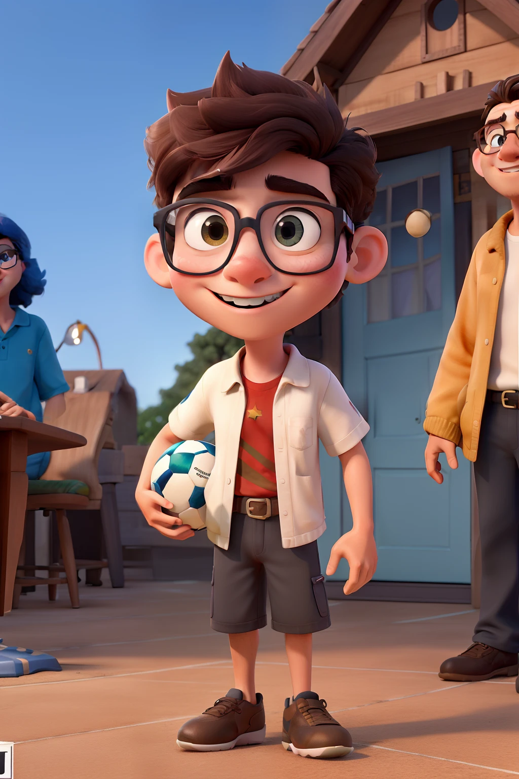 Untitled 3d poster inspired by Disney/Pixar de um jovem de 16 anos, cabelo cacheado, olhos pretos, wears glasses, jogador de futebol, Jesus no fundo