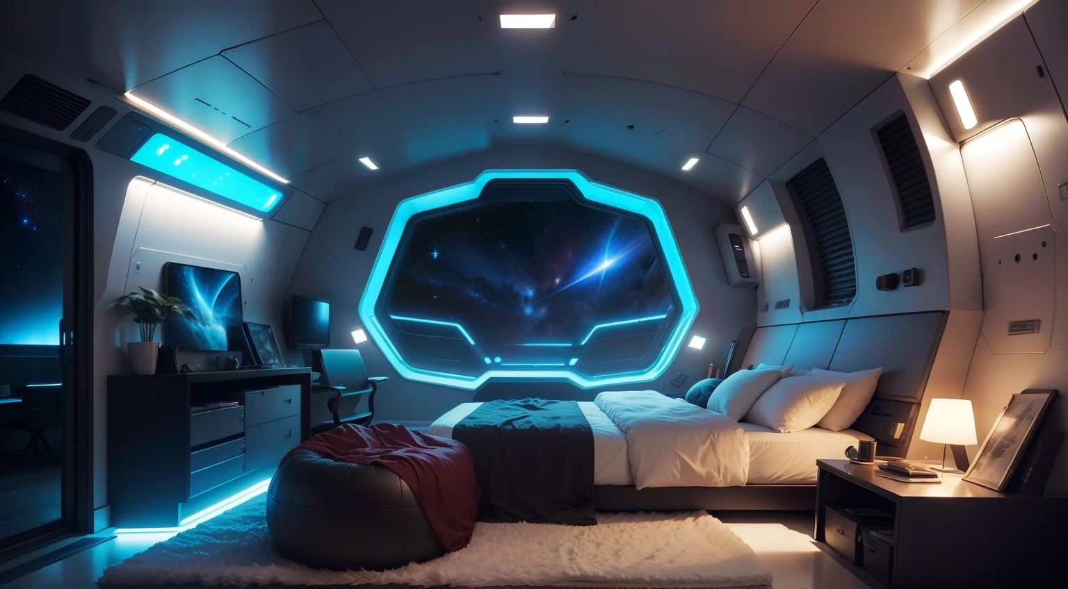 A dimly lit spaceship escape pod bedroom, With a highly detailed sense of comfort and a colorful space theme, Hacking core aesthetics, High-tech enclosed, The door system is visible, Through the portholes，Illuminated by a soft glow from a few scattered stars,  High-contrast illumination 24K image resolution.