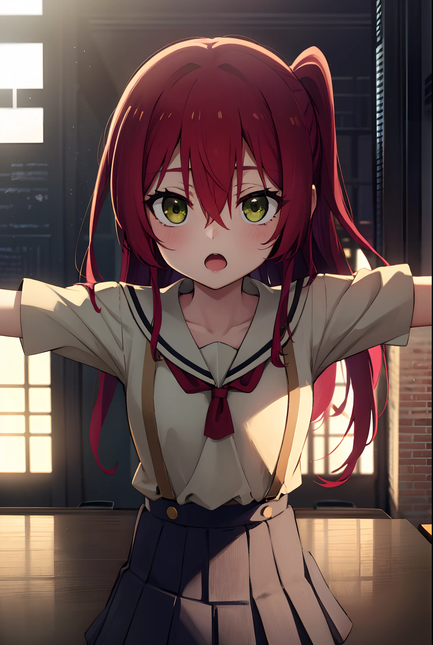 kitaikuyo, ikuyo kita, (green eyes:1.5), hair between eyes, long hair, one side up, red hair, (flat chest:1.2),
BREAK black footwear, black skirt, grey sailor collar, pleated skirt, sailor collar, school uniform, shoes, short sleeves, shuka high school uniform, skirt,,
BREAK looking at viewer,
BREAK indoors, classroom,
BREAK (masterpiece:1.2), best quality, high resolution, unity 8k wallpaper, (illustration:0.8), (beautiful detailed eyes:1.6), extremely detailed face, perfect lighting, extremely detailed CG, (perfect hands, perfect anatomy),up chest.big breasts.Sad face.open mouth.Spread your arms
