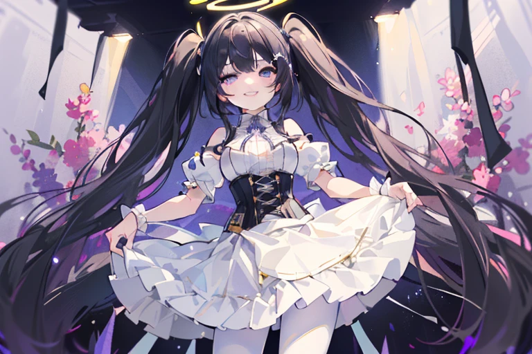 (white skirt,black hair, twintails, white skirt,white pantyhose,corset, 8K, masterpiece,detailed halo, highly detailed delicate face, girl, medium breast, round eyes,wing on the waist,purple eyes,god ray,detailed shading,depth of field, smile with grin, happy:1.2)