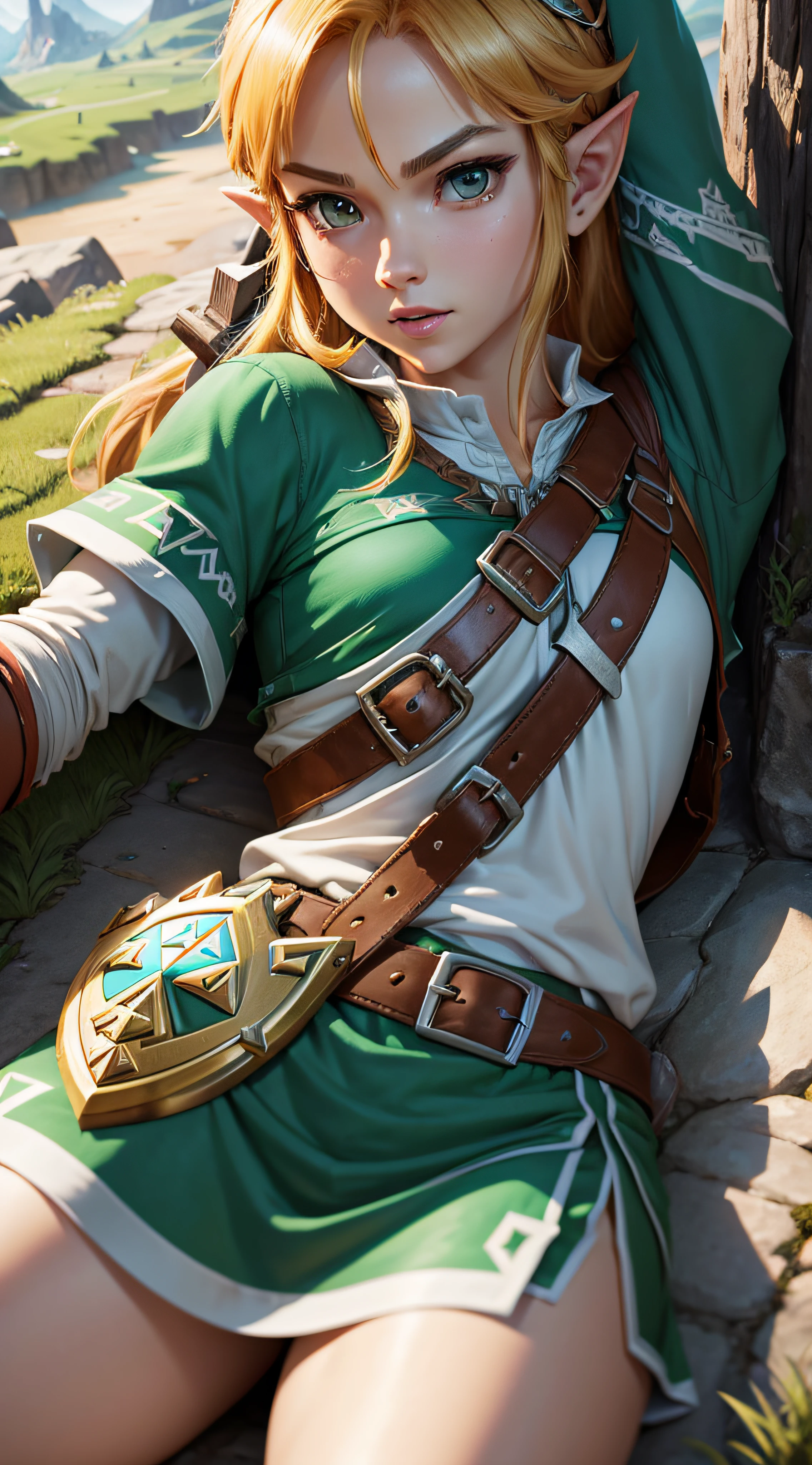 female link , extremely realistic ,widescreen, master sword , shield