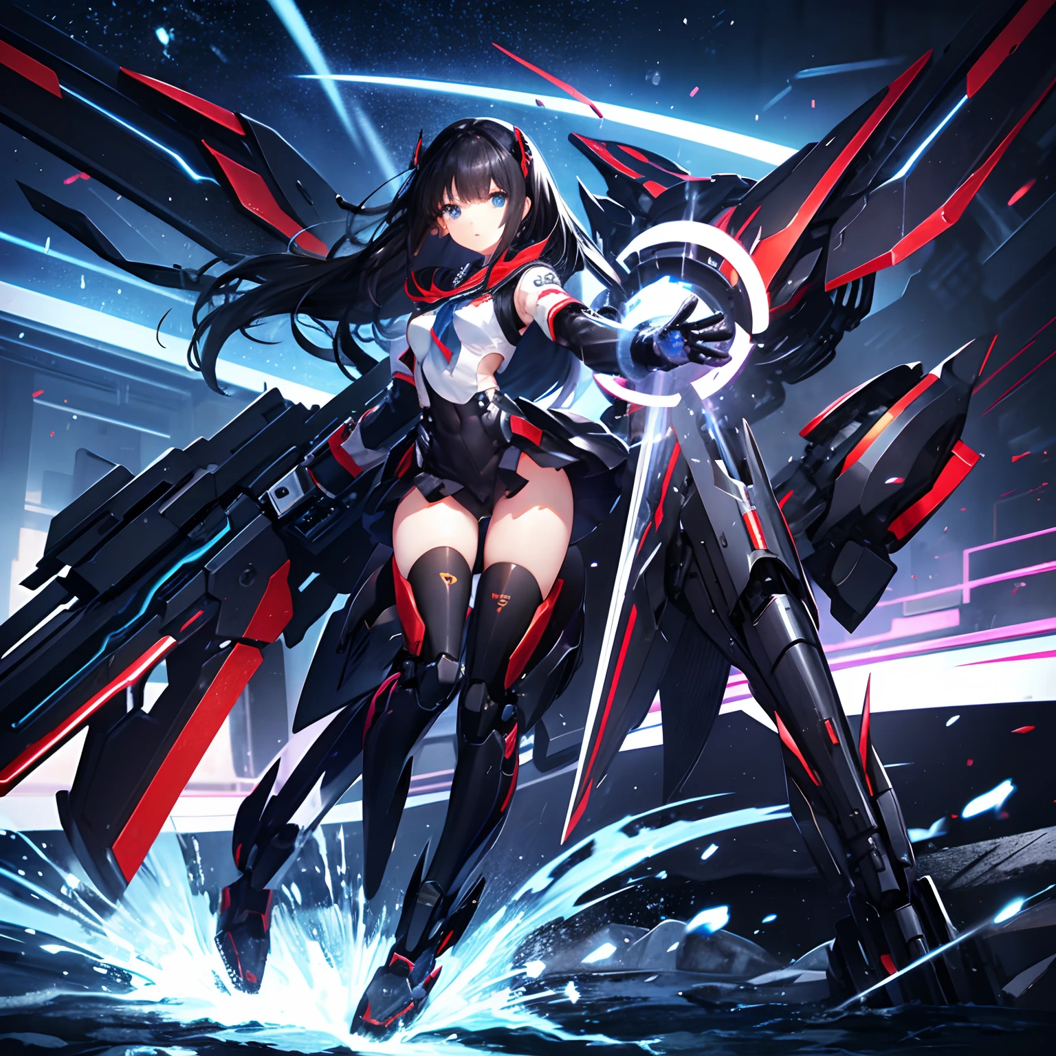 A young girl, mecha, mechanized, school theme, turned into machine, long black hair, elegant eyes, seele