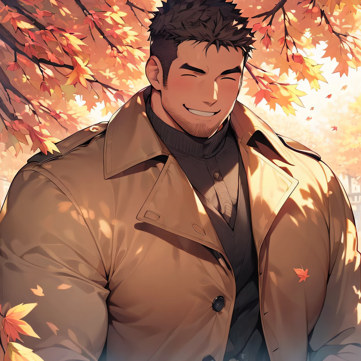 (masutepiece:1.2),(Award-winning original photos:1.2),(Beautiful autumn leaves:1.5),cleavage of the breast,Solo Male、gay, bara, [(muscular:1.2)|musclegut], mature male, ([massive|:1.2)stocky], cropped hair、(big chest),Ultra-detailed eyes、hyperdetailed face、(long coat:1.1)、(turtleneck:1.1)、popular on Instagram、(close up:1.1)、blushed face、a handsome、(Smiling smile:1.1),closed eyes、beard