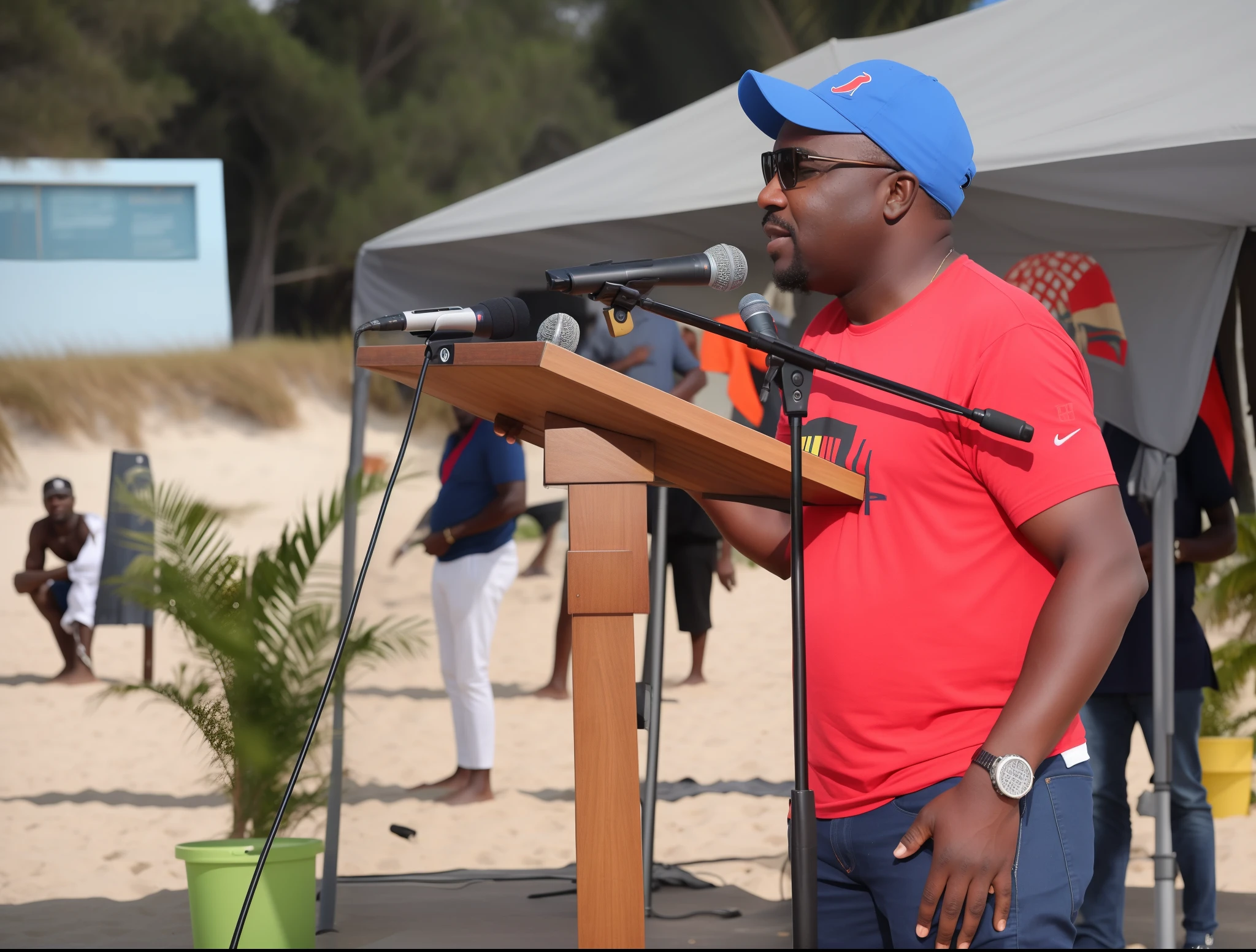 there is a man standing at a podium with a microphone, george pemba, beach, 2 0 1 9, 2019, press release, 1128x191 resolution, 2018, 2 0 1 8, steady look, alphonse musha, by Hubert van Ravesteyn, motivational, speech, sables crossed in background