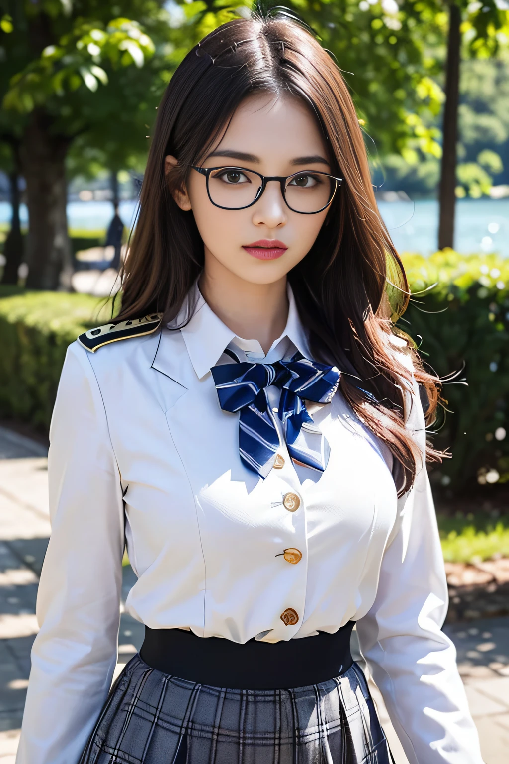Top quality work,Photorealistic works,Ultra Premium Graphics,8K HD CG works,High-quality graphics,High-definition fine CG works,10x pixel,Ultra-fine details:1.1,Advanced technical details:1.1Photographically realistic((High school girl walking in a park by the lake))、((White blazer in uniform))、((Translucent white blouse、red bowtie、Dark blue checked skirt)). 40k, Photography, masutepiece, Best Quality, dark grey background, ((1 Gorgeous bright-haired girl with beautiful eyes, She wears glasses on her beautiful face, )). White skin, Poses variadas.((breasts of medium size,:1.1)), Best Quality, masutepiece, Ultra high definition, (Photorealistic:1.4), Raw photo, (perfect body type), (slim:1.3), Slim abdomen, Perfect slim figure, dynamicposes, (((Full-figured :0.9))), Solo, Cold Light 12000K, Highly detailed facial and skin texture, Detailed eyes, Realistic eyes, Beautiful detailed eyes, (Realistic skin), Attractive, 超A high resolution, A hyper-realistic, Highly detailed,