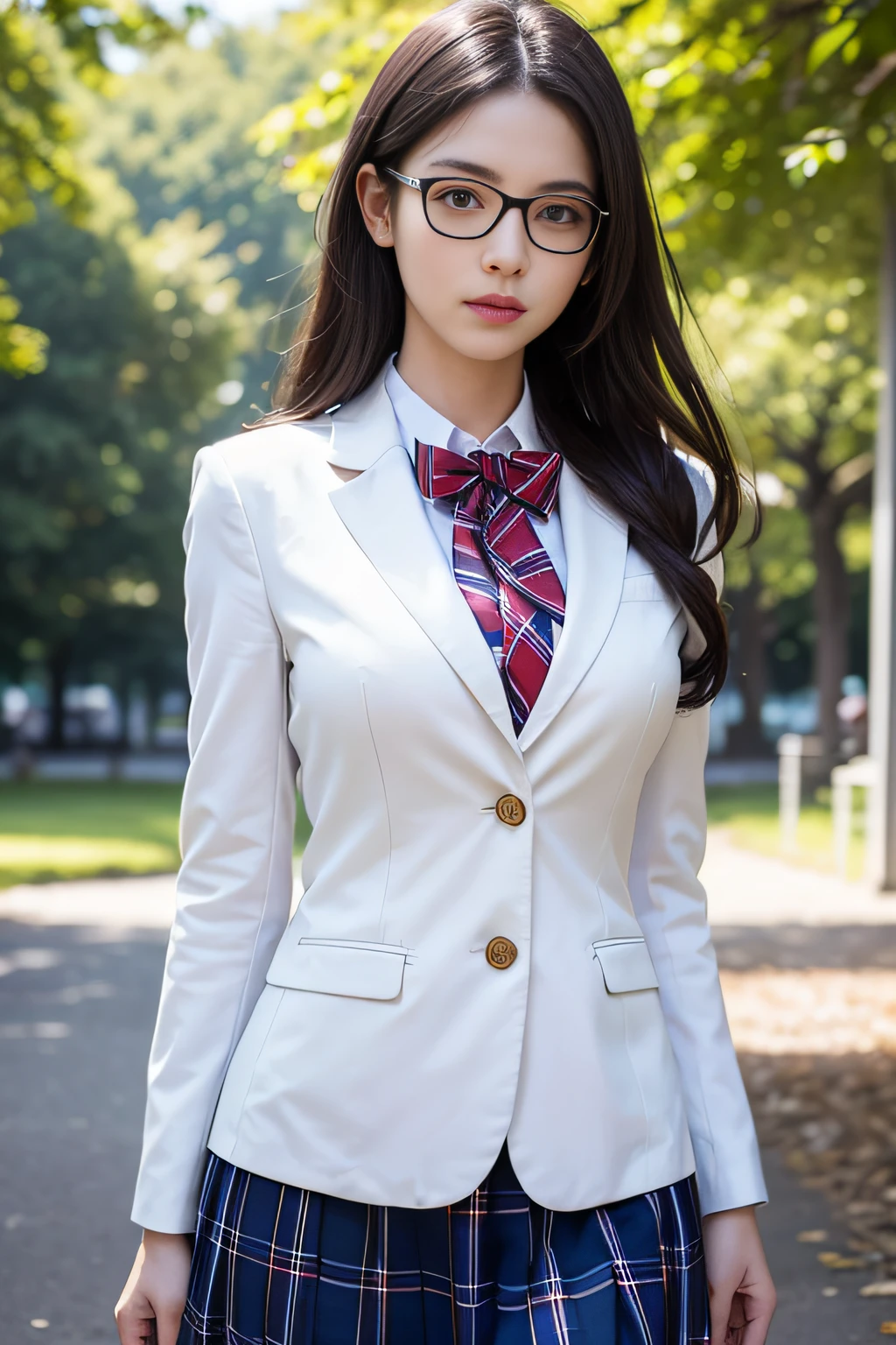 Top quality work，Photorealistic works，Ultra Premium Graphics，8K HD CG works，High-quality graphics，High-definition fine CG works，10x pixel，Ultra-fine details：1.1，Advanced technical details：1.1Photographically realistic((High school girl walking in a park by the lake))、((White blazer in uniform))、((Translucent white blouse、red bowtie、Dark blue checked skirt)). 40k, Photography, masutepiece, Best Quality, dark grey background, ((1 Gorgeous bright-haired girl with beautiful eyes, She wears glasses on her beautiful face, )). White skin, Poses variadas.((breasts of medium size,:1.1)), Best Quality, masutepiece, Ultra high definition, (Photorealistic:1.4), Raw photo, (perfect body type), (slim:1.3), Slim abdomen, Perfect slim figure, dynamicposes, (((Full-figured :0.9))), Solo, Cold Light 12000K, Highly detailed facial and skin texture, Detailed eyes, Realistic eyes, Beautiful detailed eyes, (Realistic skin), Attractive, 超A high resolution, A hyper-realistic, Highly detailed,