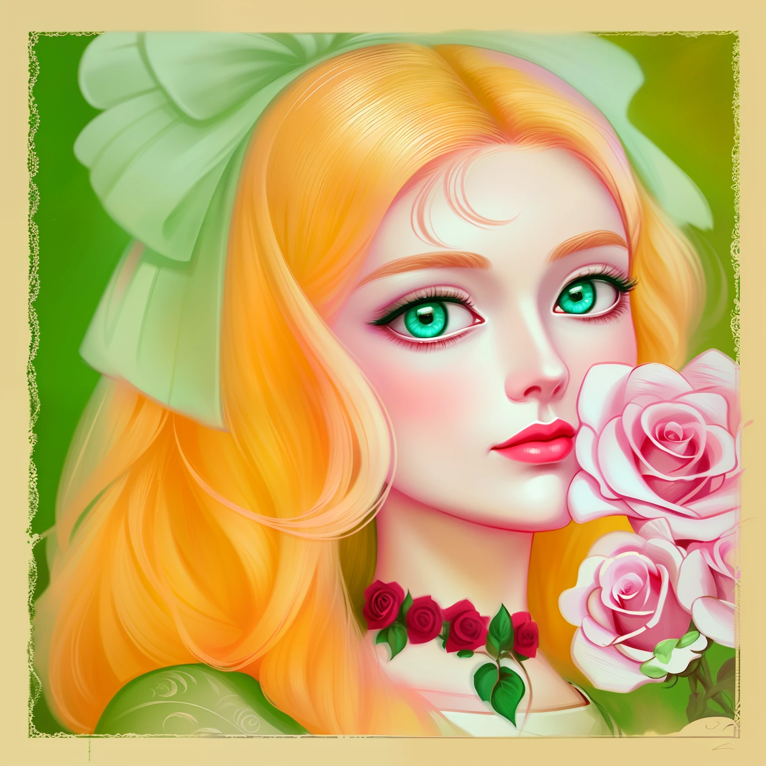 Close-up of a woman with a rose in her hand, in the art style of bowater, beautiful illustration, exquisite digital illustration, in style of digital illustration, The style of romanticism, portrait of a princess, stylized digital art, elegant digital painting, digital art of an elegant, beautiful digital illustration, Beautiful retro art, kawaii realistic portrait