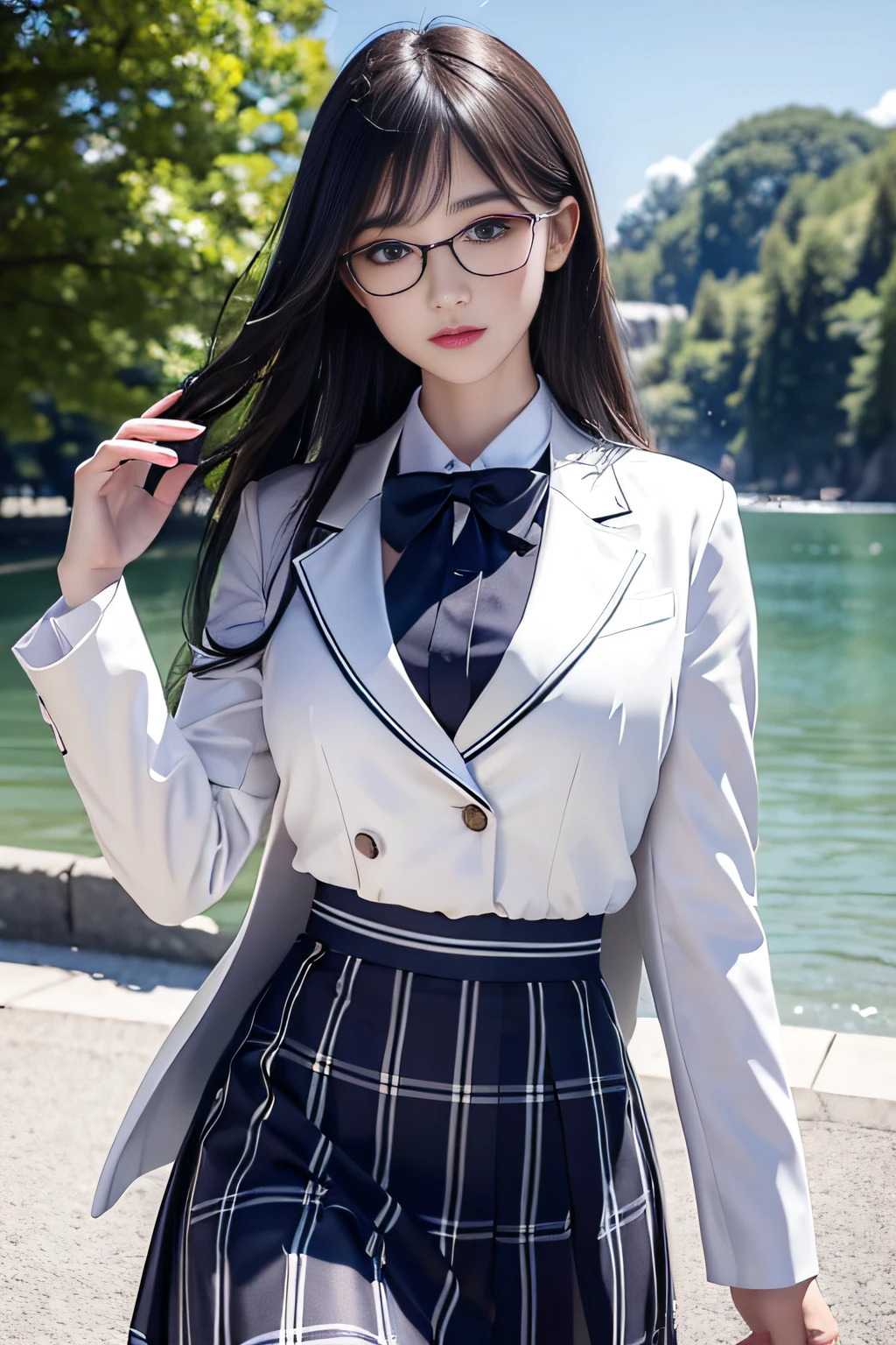 Top quality work，Photorealistic works，Ultra Premium Graphics，8K HD CG works，High-quality graphics，High-definition fine CG works，10x pixel，Ultra-fine details：1.1，Advanced technical details：1.1Photographically realistic((High school girl walking in a park by the lake))、((White blazer in uniform))、((Translucent white blouse、red bowtie、Dark blue checked skirt)). 40k, Photography, masutepiece, Best Quality, dark grey background, ((1 Gorgeous bright-haired girl with beautiful eyes, She wears glasses on her beautiful face, )). White skin, Poses variadas.((breasts of medium size,:1.1)), Best Quality, masutepiece, Ultra high definition, (Photorealistic:1.4), Raw photo, (perfect body type), (slim:1.3), Slim abdomen, Perfect slim figure, dynamicposes, (((Full-figured :0.9))), Solo, Cold Light 12000K, Highly detailed facial and skin texture, Detailed eyes, Realistic eyes, Beautiful detailed eyes, (Realistic skin), Attractive, 超A high resolution, A hyper-realistic, Highly detailed,