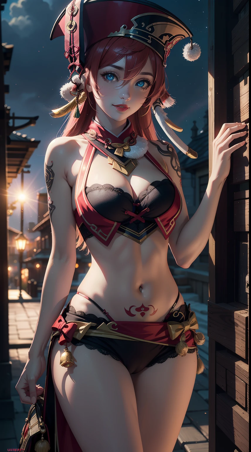 ((masterpiece)),(bestquality),((ultra-detailed)), ((beautiful detailed sky)), ((cinematic lighting)), depth of field, (dynamic angle),detailed lighting,(beautiful detailed eyes),outdoors, red lip, smile,navel, (tattoo), eyeshadow,large breast, sexy, cleavage, yanfeidef