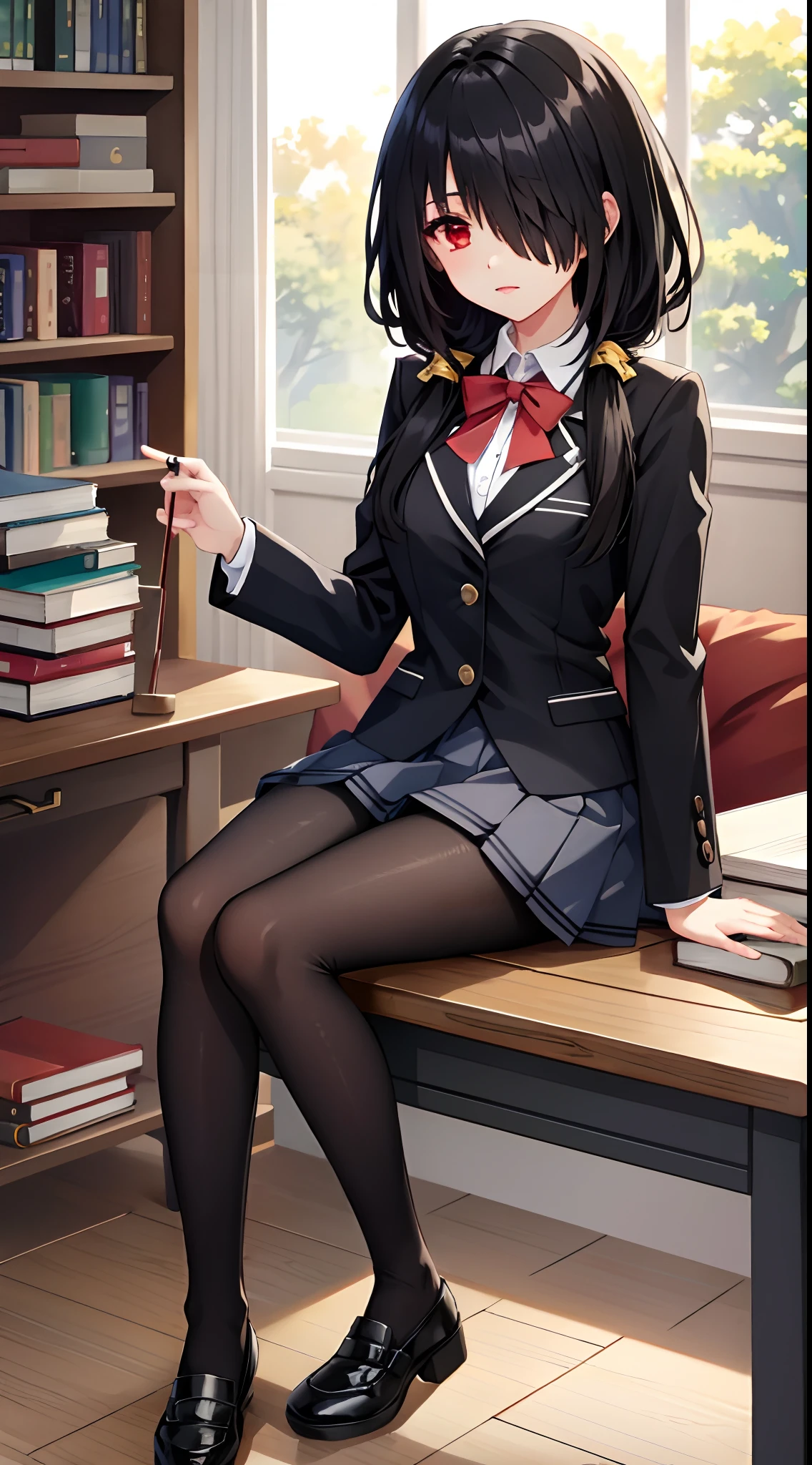 masutepiece, Best Quality, kurumitokisaki, Kurumi Tokisaki, clock eyes, Black hair, low twintails, (Hair over one eye:1.5), (Red Eyes:1.2), School uniform, Jacket, pantyhose, Pleated skirt, Black pantyhose, White shirt, looking at book, Library, bookshelf, (Beautiful detailed eyes:1.6), (Perfect hands, Perfect Anatomy), pile of books, desk work, sitting in the couch, Petite