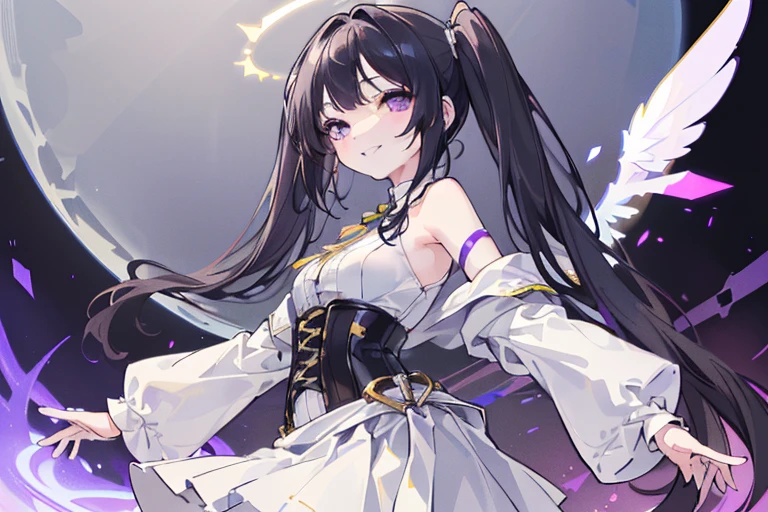 (white skirt,black hair, twintails, white skirt,white pantyhose,corset, 8K, masterpiece,detailed halo, highly detailed delicate face, girl, medium breast, round eyes,wing on the waist,purple eyes,god ray,detailed shading,depth of field, smile with grin, happy, from side:1.2)