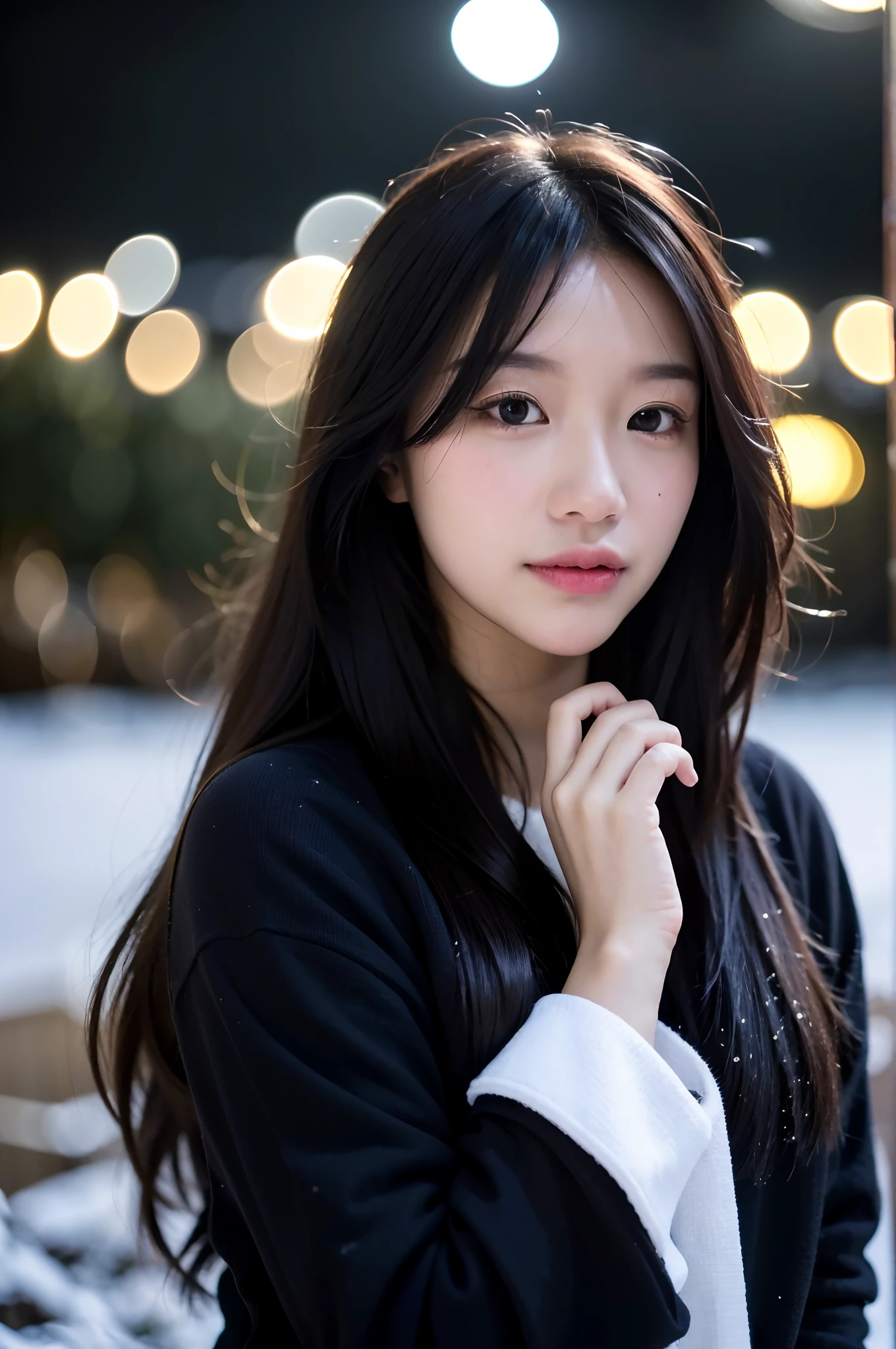 (best quality:1.4), (ultra highres:1.2), (photorealistic:1.4), (8k, RAW photo:1.2),(portrait shot:1.3), nenie_cgm48, 1girl, solo, long hair, black hair, black shirt, long sleeves, bokeh, depth of field, snow, snowflakes,