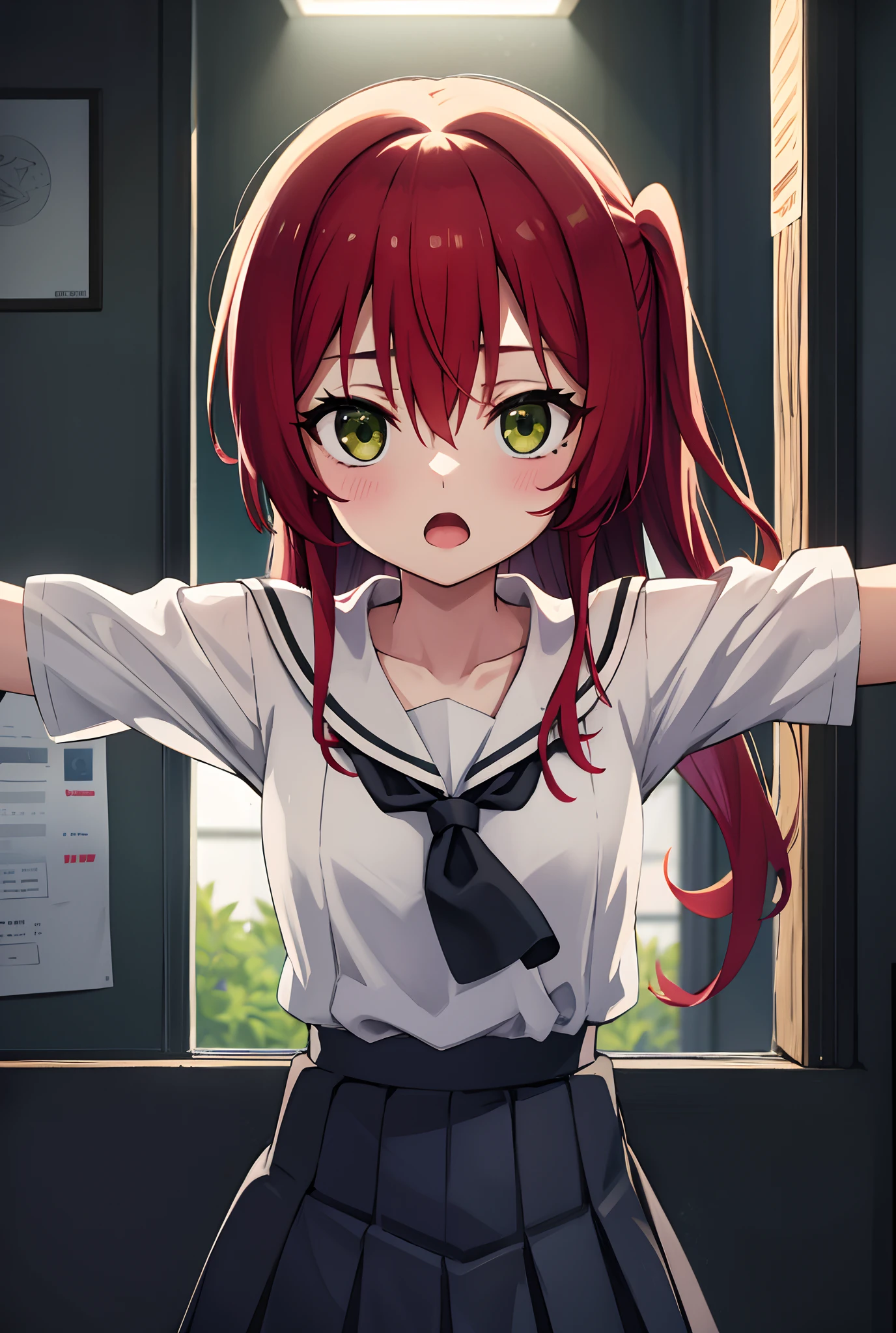 kitaikuyo, ikuyo kita, (green eyes:1.5), hair between eyes, long hair, one side up, red hair, (flat chest:1.2),
BREAK black footwear, black skirt, grey sailor collar, pleated skirt, sailor collar, school uniform, shoes, short sleeves, shuka high school uniform, skirt,,
BREAK looking at viewer,
BREAK indoors, classroom,
BREAK (masterpiece:1.2), best quality, high resolution, unity 8k wallpaper, (illustration:0.8), (beautiful detailed eyes:1.6), extremely detailed face, perfect lighting, extremely detailed CG, (perfect hands, perfect anatomy),up chest.big breasts.Sad face.open mouth.Spread your arms.
