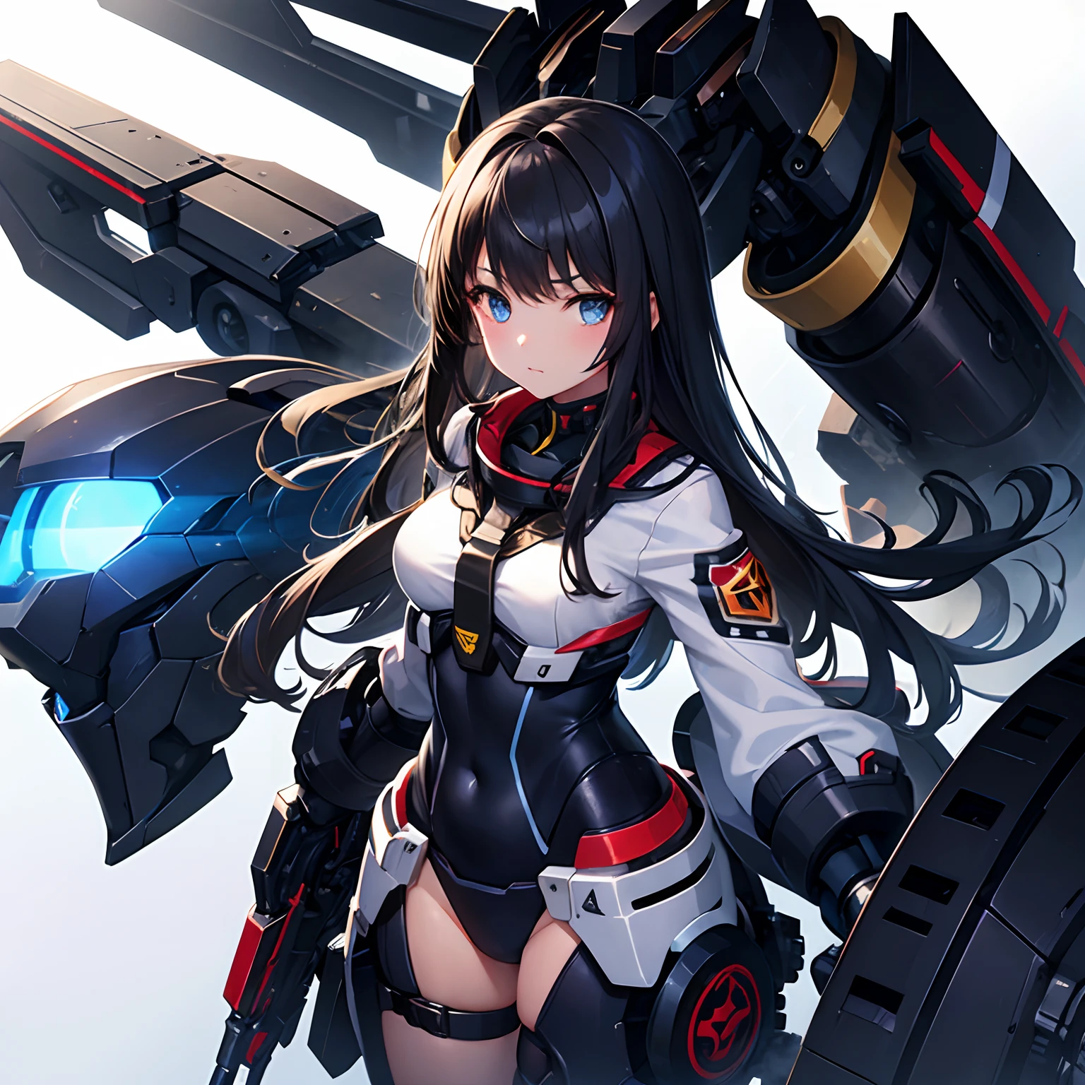 A young girl, mecha, mechanized, school theme, turned into machine, long black hair, elegant eyes