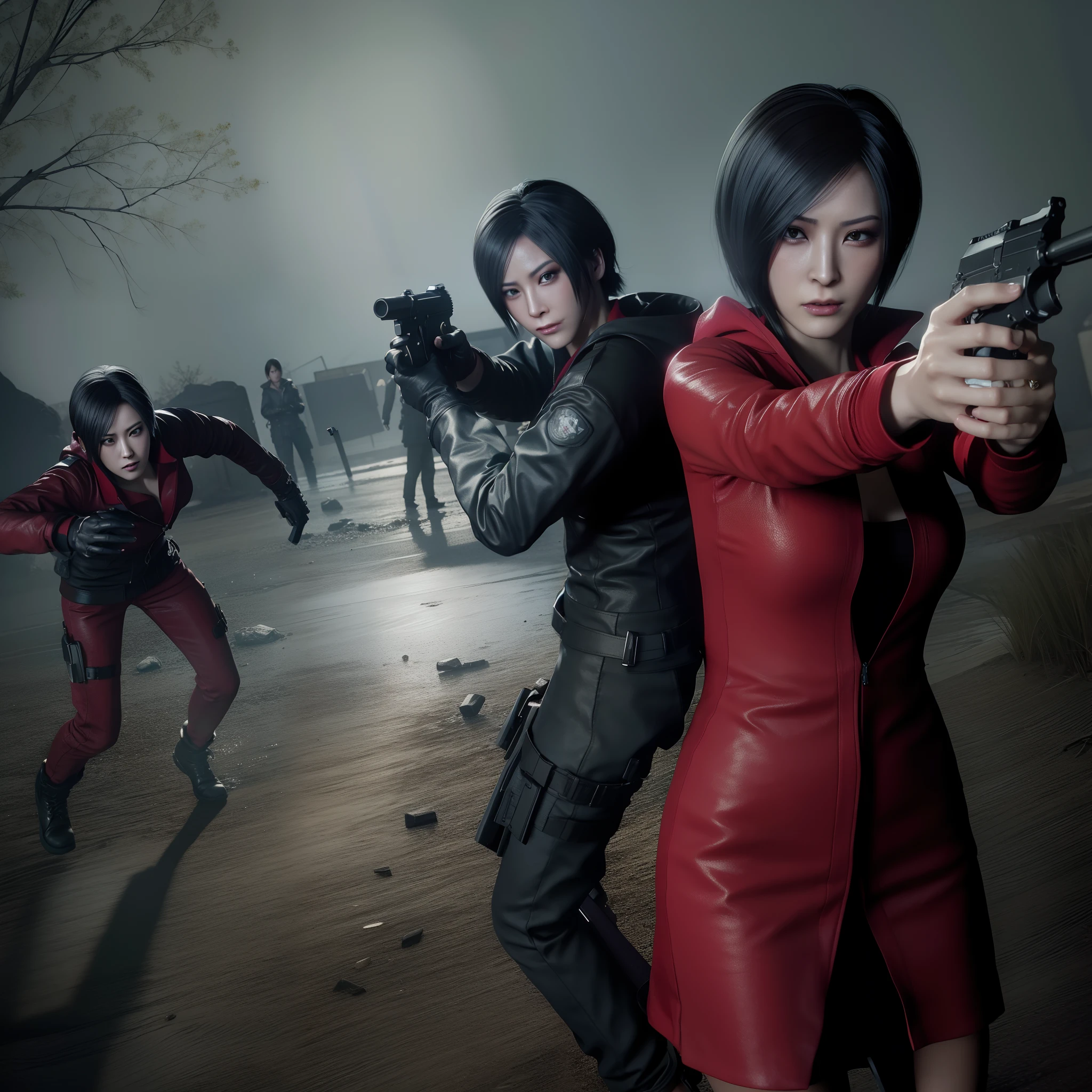 Ada wong, beautiful face, woman, bob hair, perfect Face, wearing mini red dress hoody, wearing hoody, black nail polish, glare face