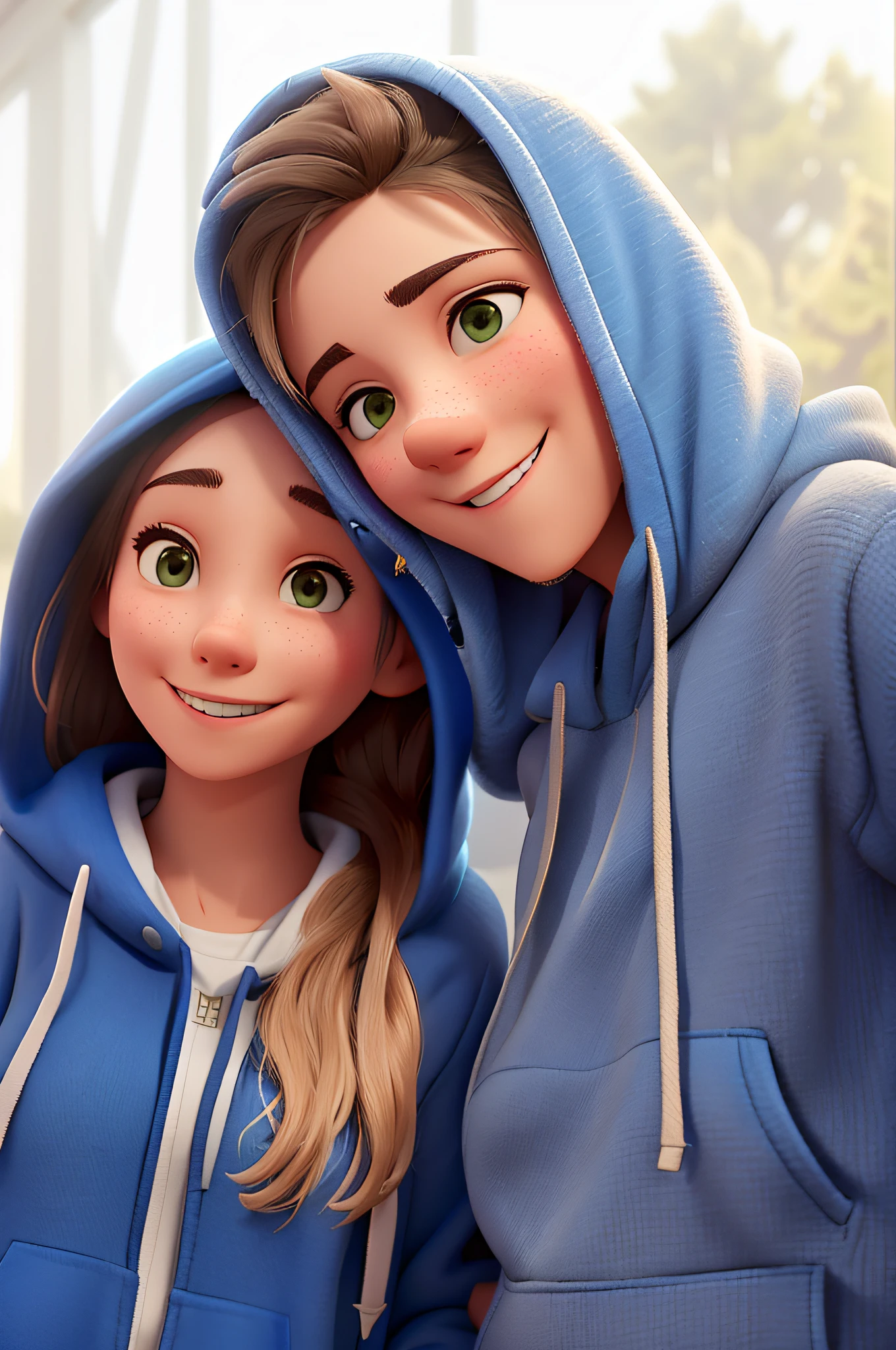 there are two people that are posing for a picture together, wearing a blue hoodie, wearing a hoodie, wearing a hoody, in a hoodie, wearing hoodie, girl wearing hoodie, mid - shot, mid-shot, avatar image, mid shot portrait, smiling couple, wearing a hoodie and sweatpants, high quality portrait, profile image, in a hood, photoshoot