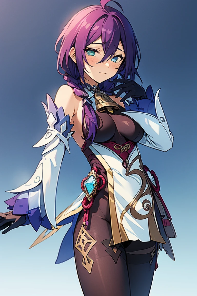 long hair, mole under mouth, purple hair, single braid, hair between eyes, aqua eyes, ahoge, blush, cowboy shot, 1girl,solo,genshin impact, medium breasts,detached sleeves,white footwear,high heels,looking at viewer,black gloves,bodystocking,neck bell,chinese knot,standing