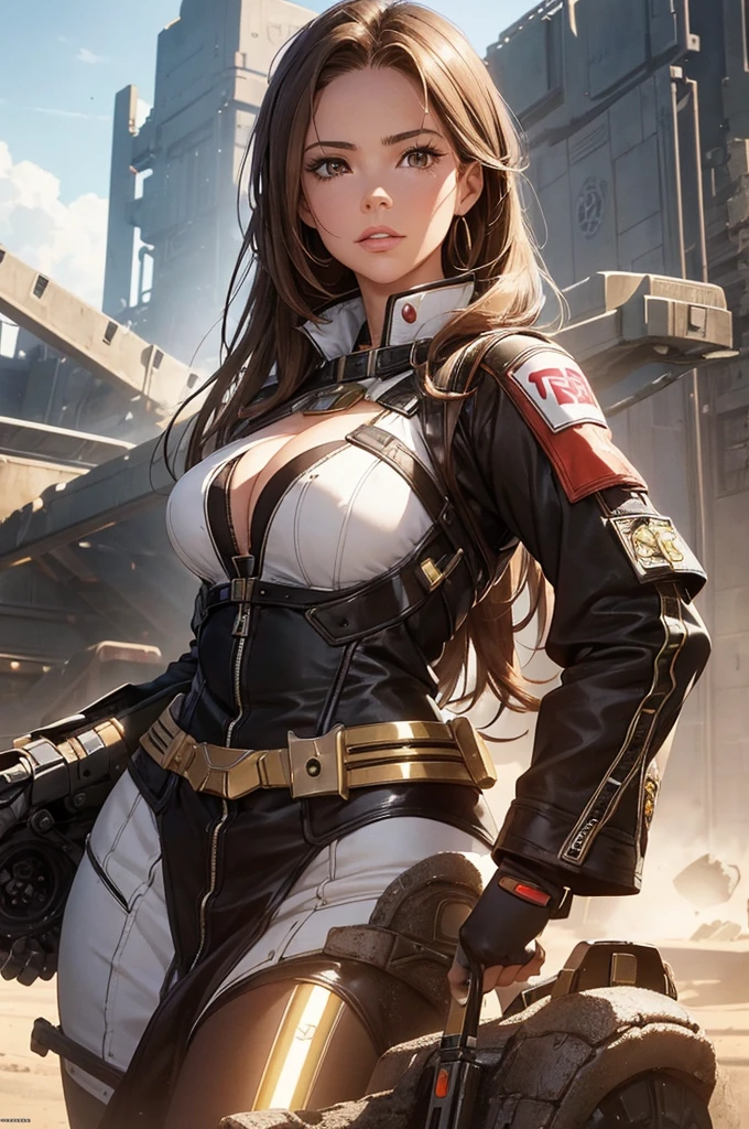 High quality, ultra-realistic images of women. The woman is of mixed Native American and Jewish descent.. Powerful Features, Fair skin. Dark brown curly hair, Dark Eyes. The woman is wearing a semi-futuristic combat suit.. She has a gun and a knife strapped to her body.. Beautiful woman smiling. Her eyes shine with hatred.