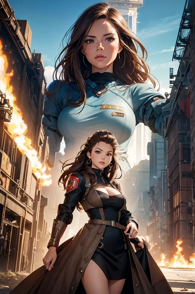 there is a woman in a dress standing in front of a giant robot, by Don Maitz, portrait of sofia vergara, promotional art, attractive brown hair woman, retropunk, protagonist in foreground, inspired by Louis Pohl, mechanic, anime visual of a young woman, compute shader, inspired by Donato Giancola, youtube thumbnail, chrome art
