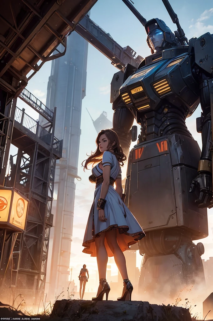 there is a woman in a dress standing in front of a giant robot, by Don Maitz, portrait of sofia vergara, promotional art, attractive brown hair woman, retropunk, protagonist in foreground, inspired by Louis Pohl, mechanic, anime visual of a young woman, compute shader, inspired by Donato Giancola, youtube thumbnail, chrome art