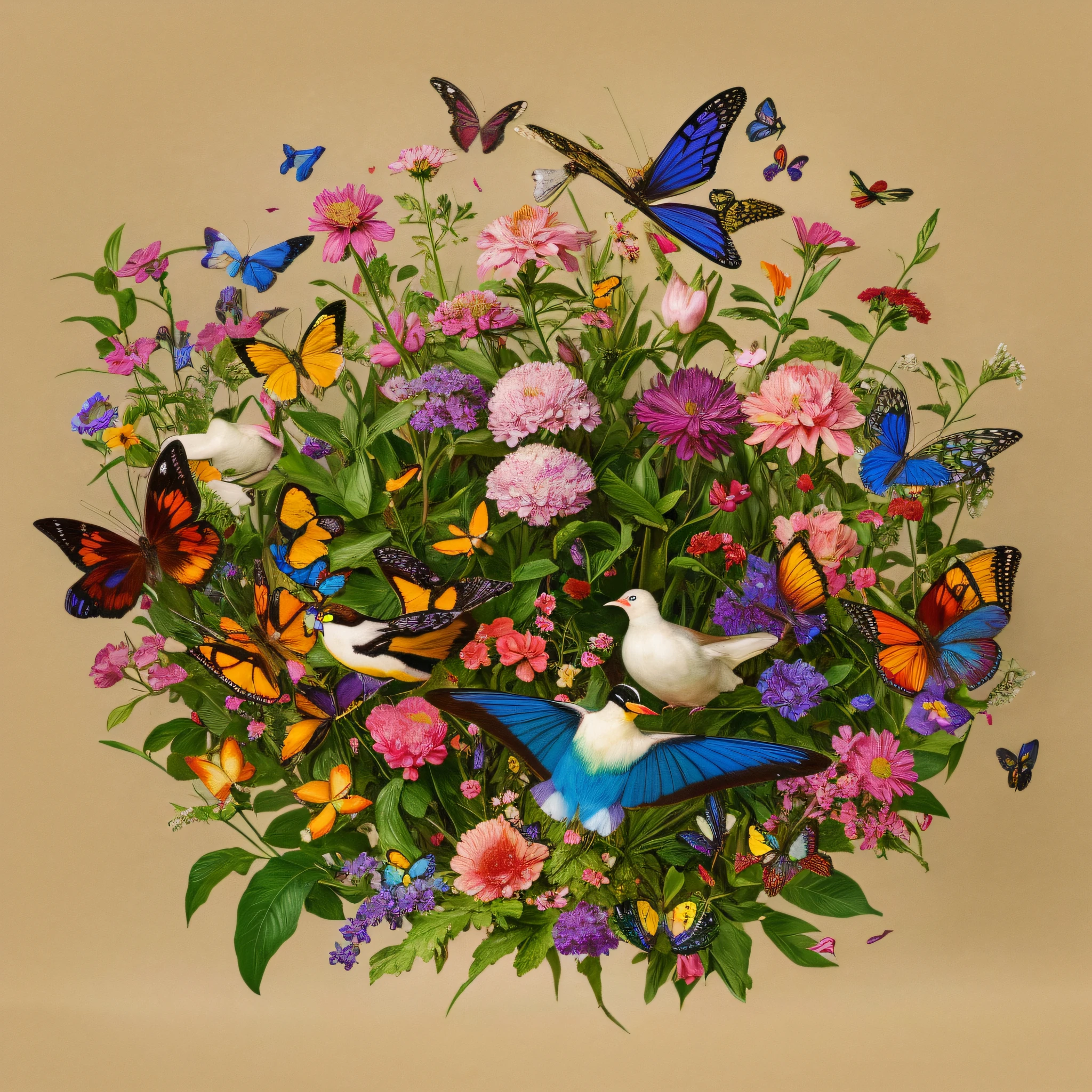 Flower World ，Rare birds：0.5，butterflys：1，Surrounded by a variety of flowers，fruit，A masterpiece of painting，8k wallpaper，（（high qulity））（Don't show people，Mutilated limbs），Works by Leonardo da Vinci，