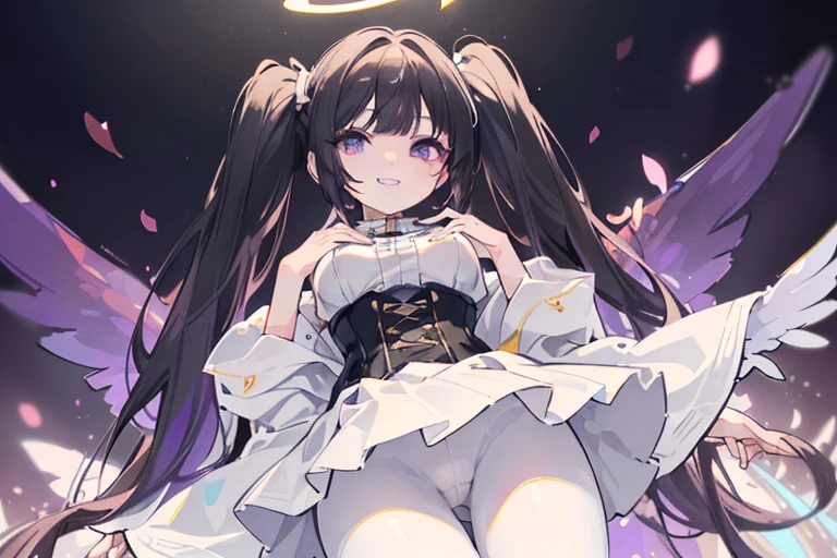 (white skirt,black hair, twintails, white skirt,white pantyhose,corset, 8K, masterpiece,detailed halo, highly detailed delicate face, , medium breast, round eyes,wing on the waist,purple eyes,god ray,detailed shading,depth of field, smile with grin, happy, from below:1.2)