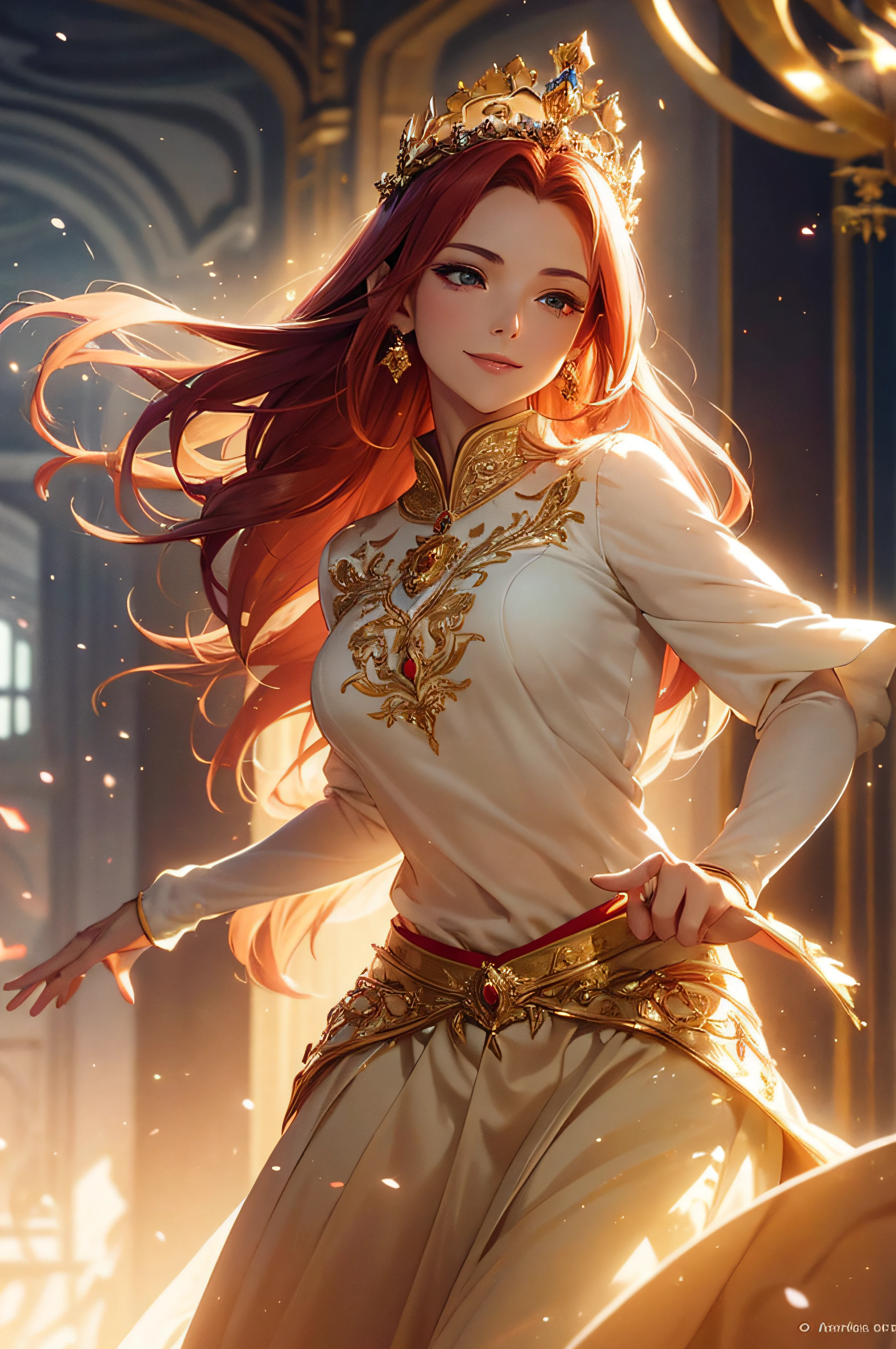 A beautiful woman, Queen, elven, (( blouse, skirt, crown, dancing)), perfect body figure, fairer skin, milf, age 46, royal, mature, red color hair, happy smile, fine details, cinematic lighting, beautiful lighting effect, creative design, full frame, divine aura, shining light, perfect color transition, perfect balance of contrast, perfect color layer, perfectly smooth color blur, soft rendering, smooth color stroke, sun glare, optic lens, light ray, soft colors, smooth colors blend, perfect color rendering, harmony, perfect color harmony, light particles, perfect details, intricate details, color prism, fine details, fine royal clothes, mantle, robe
