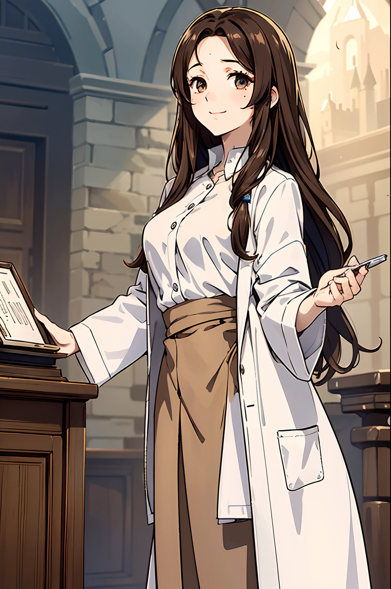 White lab coat, adult, 30 yeras, long brown hair, brown eyes, beautiful eyes, sleepy eyes, birthmark on right cheek, clipboard, standing, small breasts, light smile, castle background, mid-age furniture