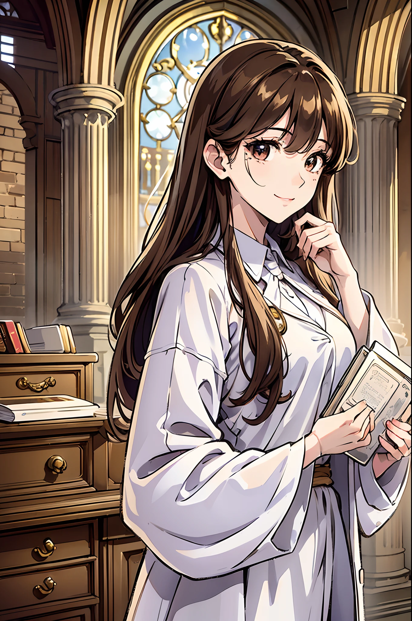 White lab coat, adult, 30 years old, long brown hair, thin hair, brown eyes, beautiful eyes, sleepy eyes, birthmark on right cheek, clipboard, standing, small breasts, light smile, castle background, mid-age furniture