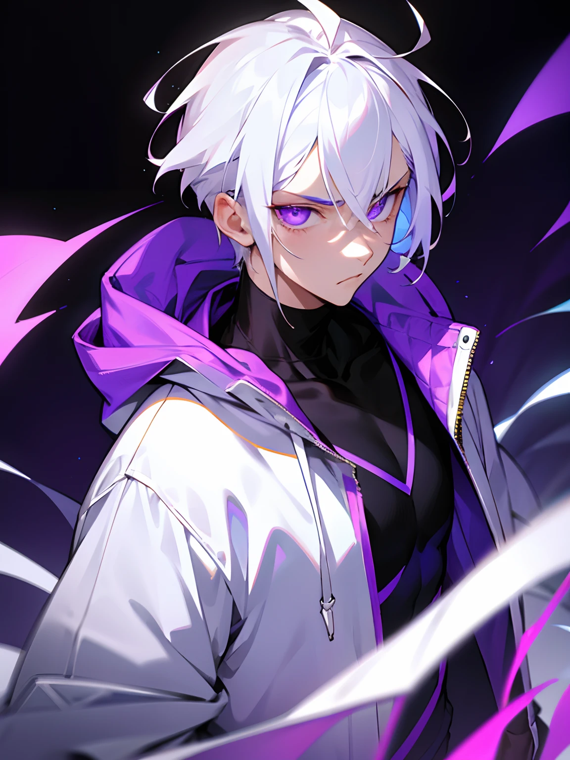 Boy with white hair glowing purple radiant eyes wearing a stylish fashion hoodie, emotionless face ,handsome