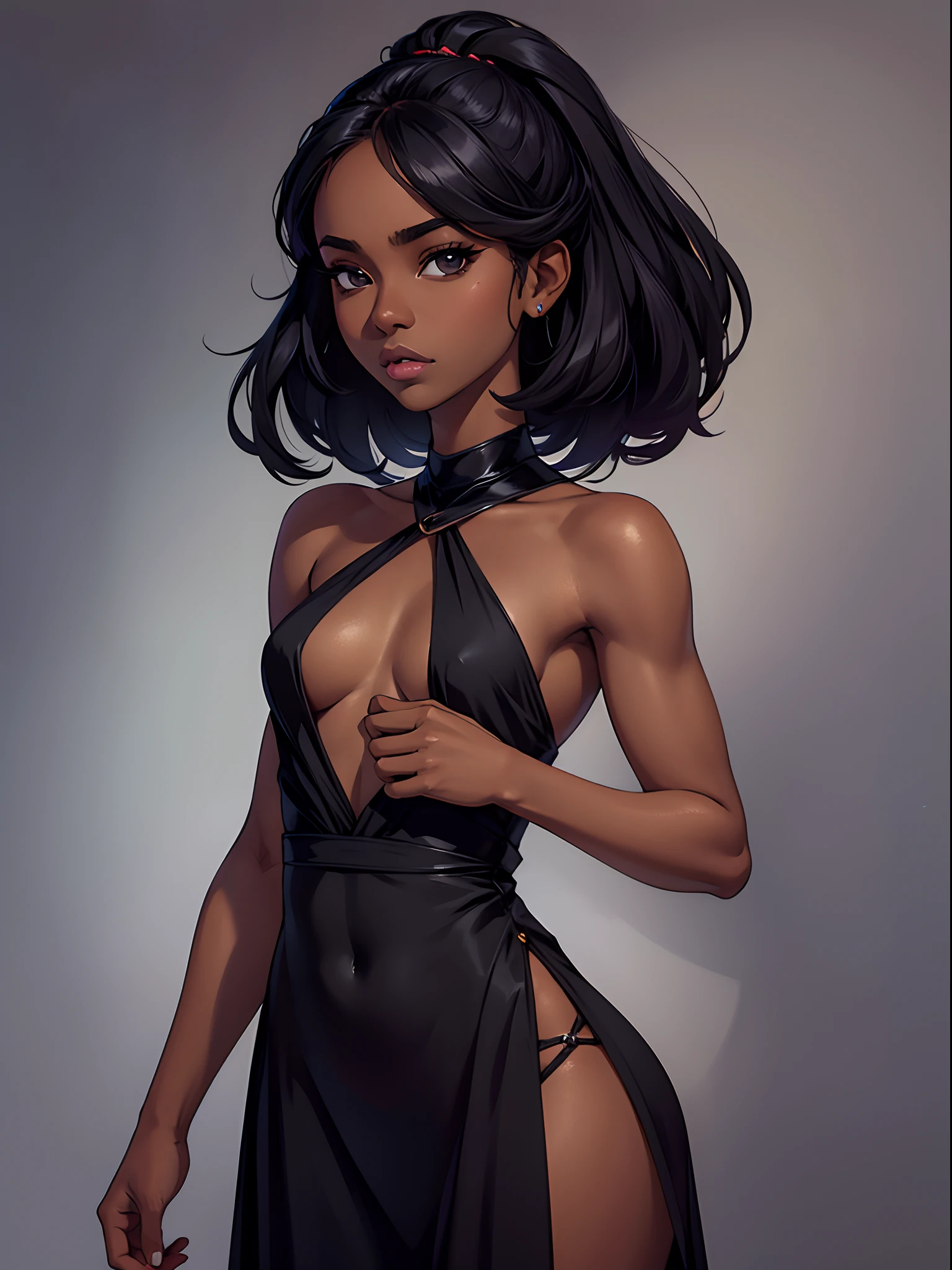 1girl, petite body, dark skin tone, small chest, portrait, black eyes, beautiful black dress, best quality, quality at best