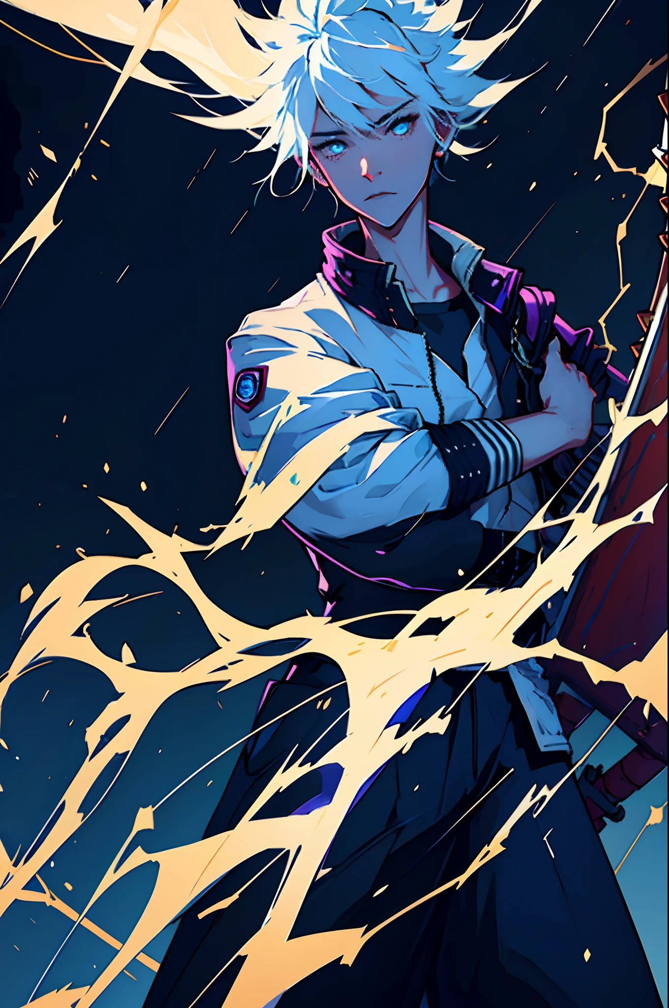A 15-year-old teenage boy, a boy engineer and artificer, pale skin tone, without a beard, without a goatee, no facial hair, no body hair, white hair color, straight hair, cyberpunk black and blue jacket, white thunder background, white thunderbolts, rain wave scenario, devastated land, war, empty land destroyed, various of lightning spark dazzling around, white thunder in the background, the around is bursting with otherworldly power